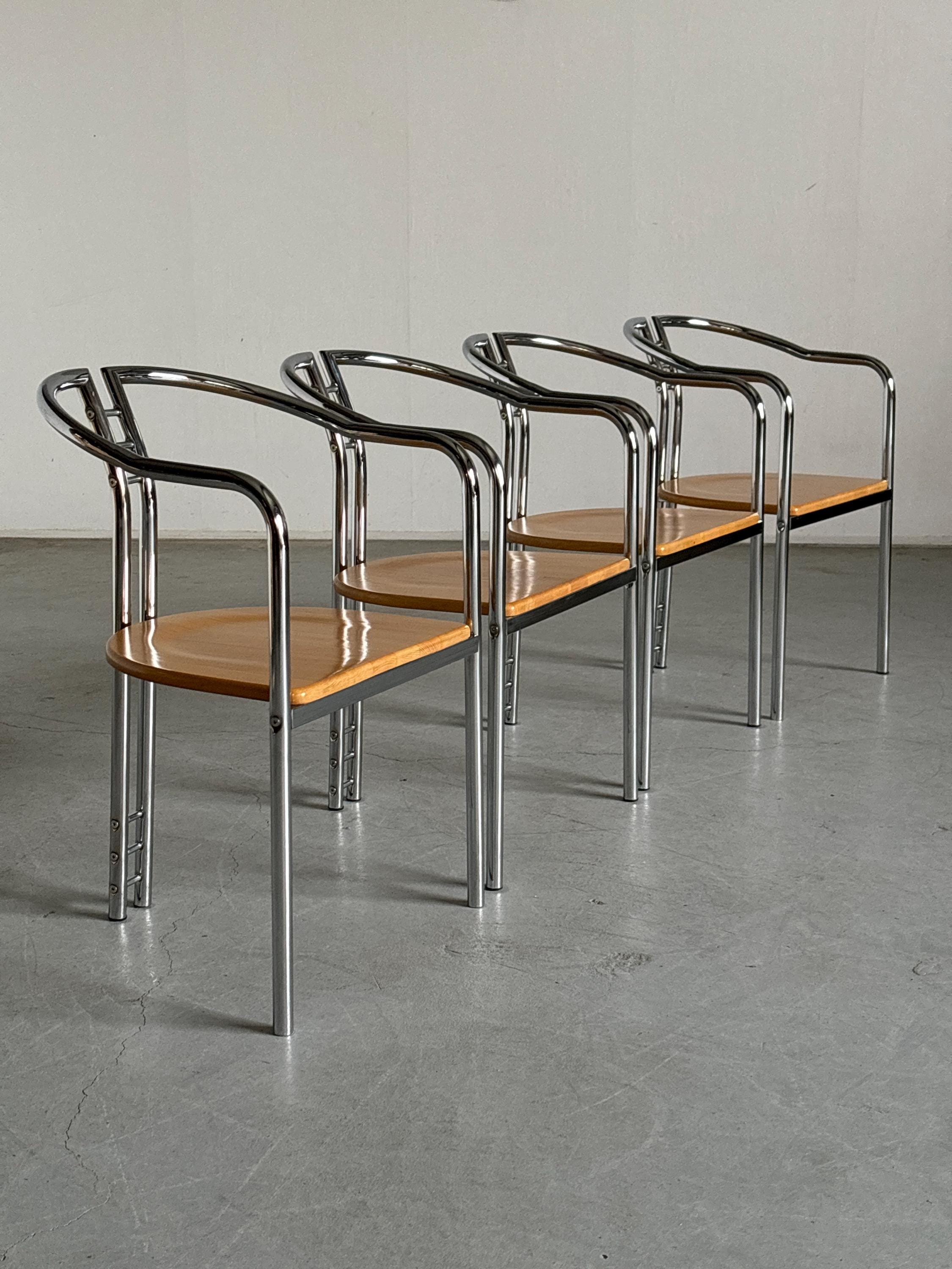 Sculptural Postmodern Armchairs in Beechwood and Tubular Steel