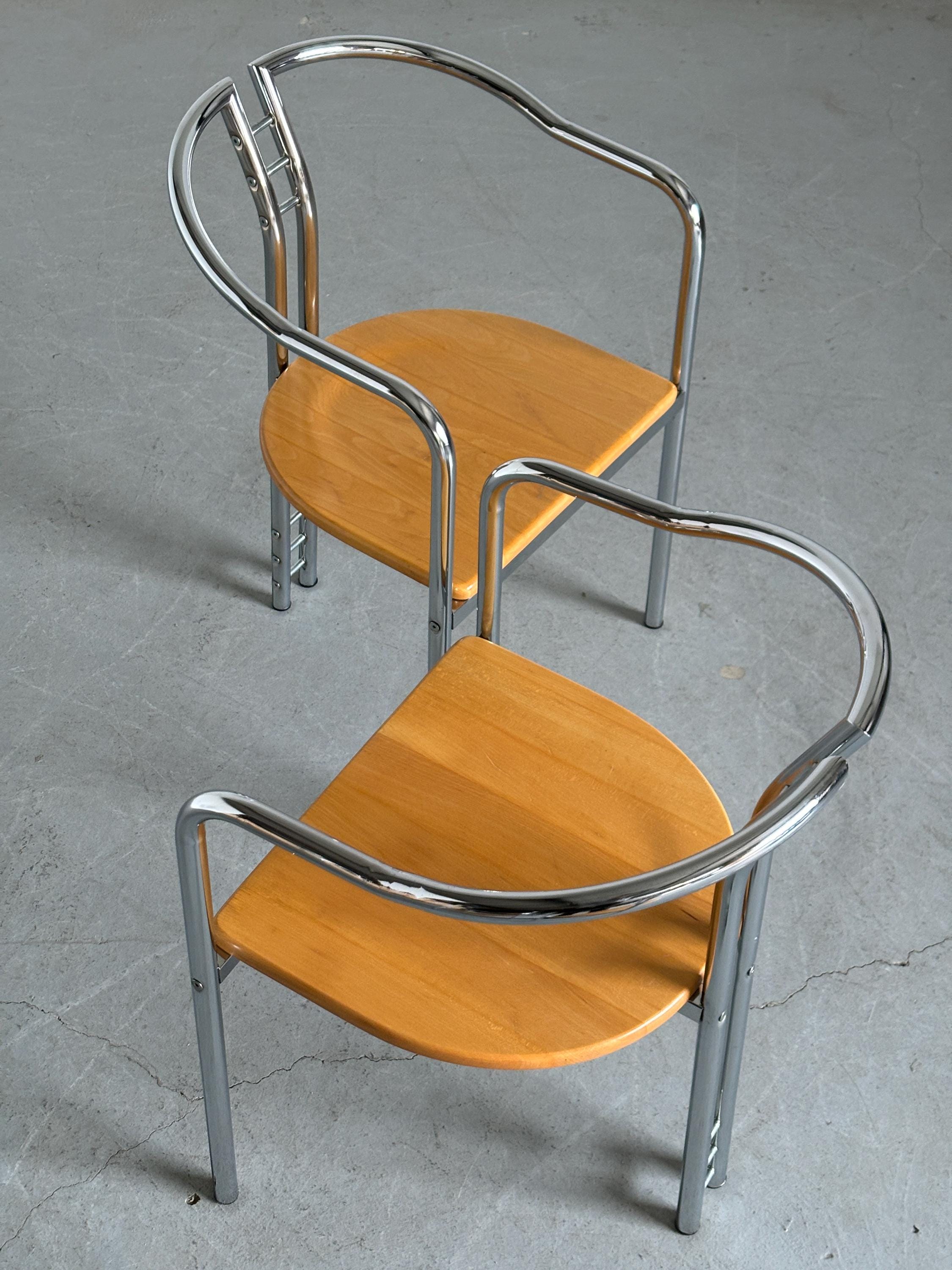 Sculptural Postmodern Armchairs in Beechwood and Tubular Steel
