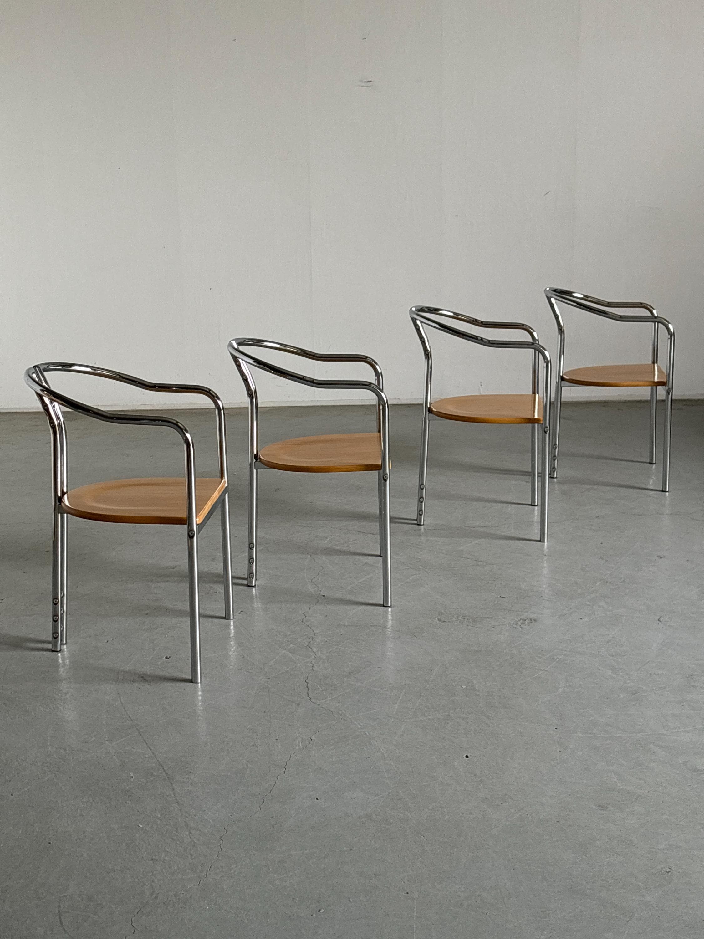 Sculptural Postmodern Armchairs in Beechwood and Tubular Steel