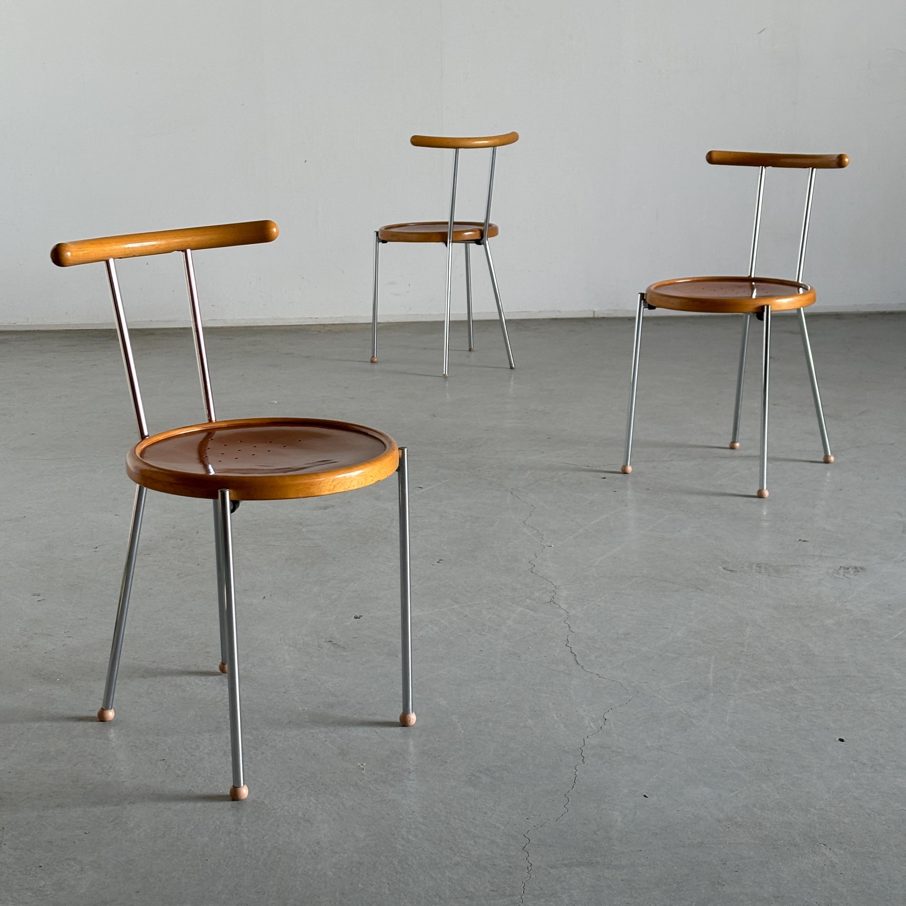Postmodern Dining Chairs in Chromed Steel and Wood
