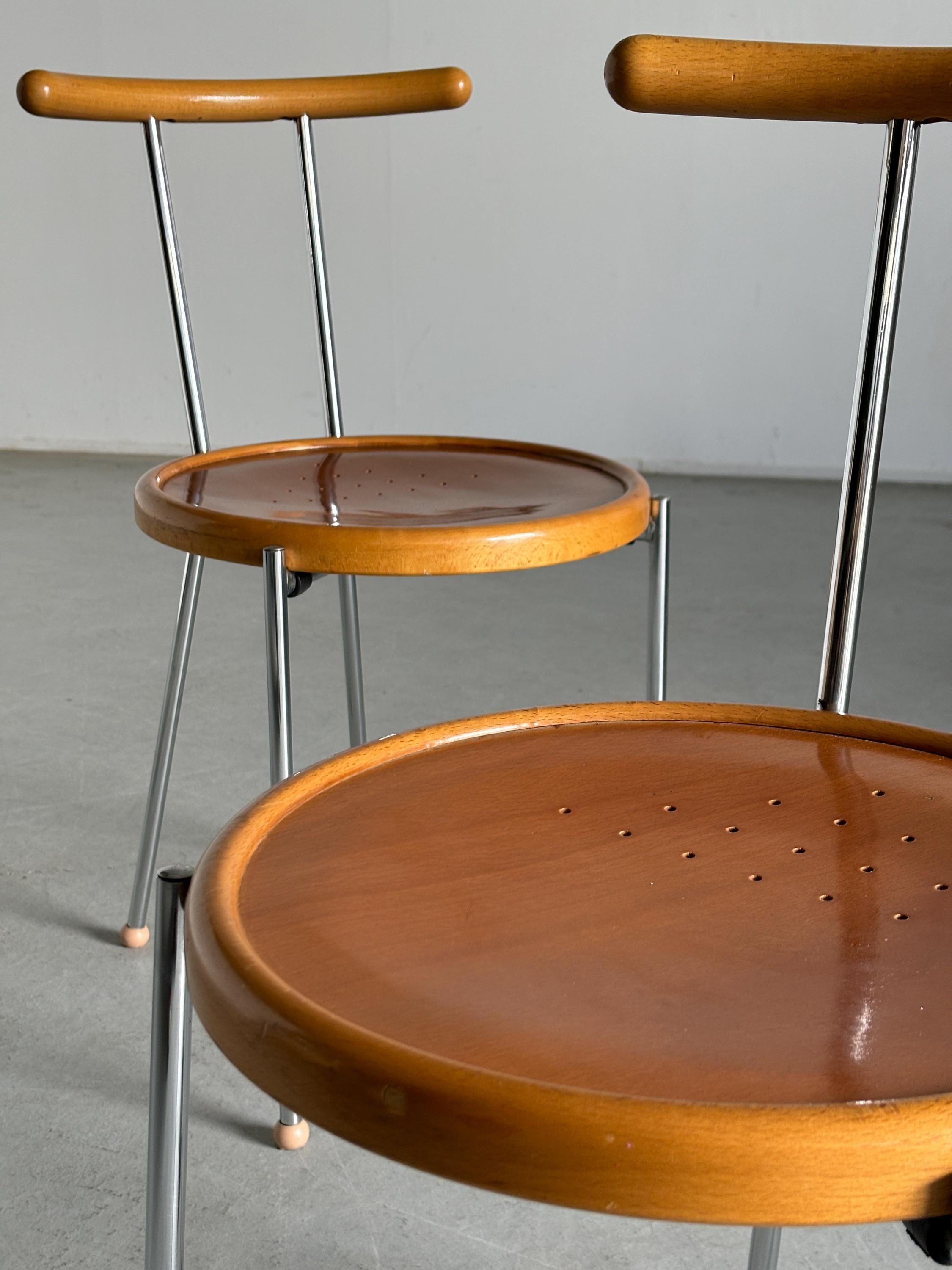 Postmodern Dining Chairs in Chromed Steel and Wood