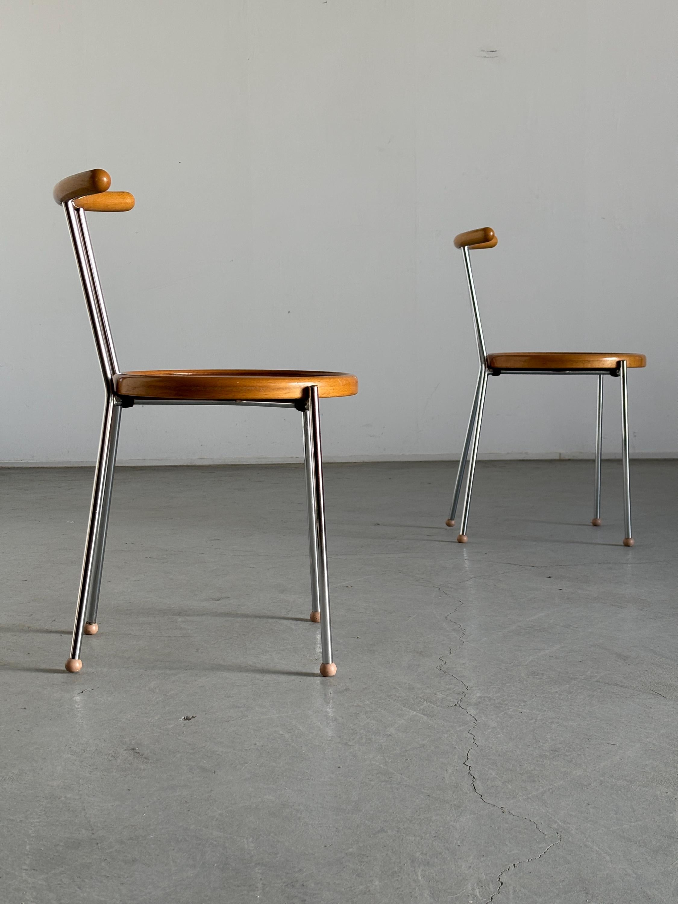 Postmodern Dining Chairs in Chromed Steel and Wood