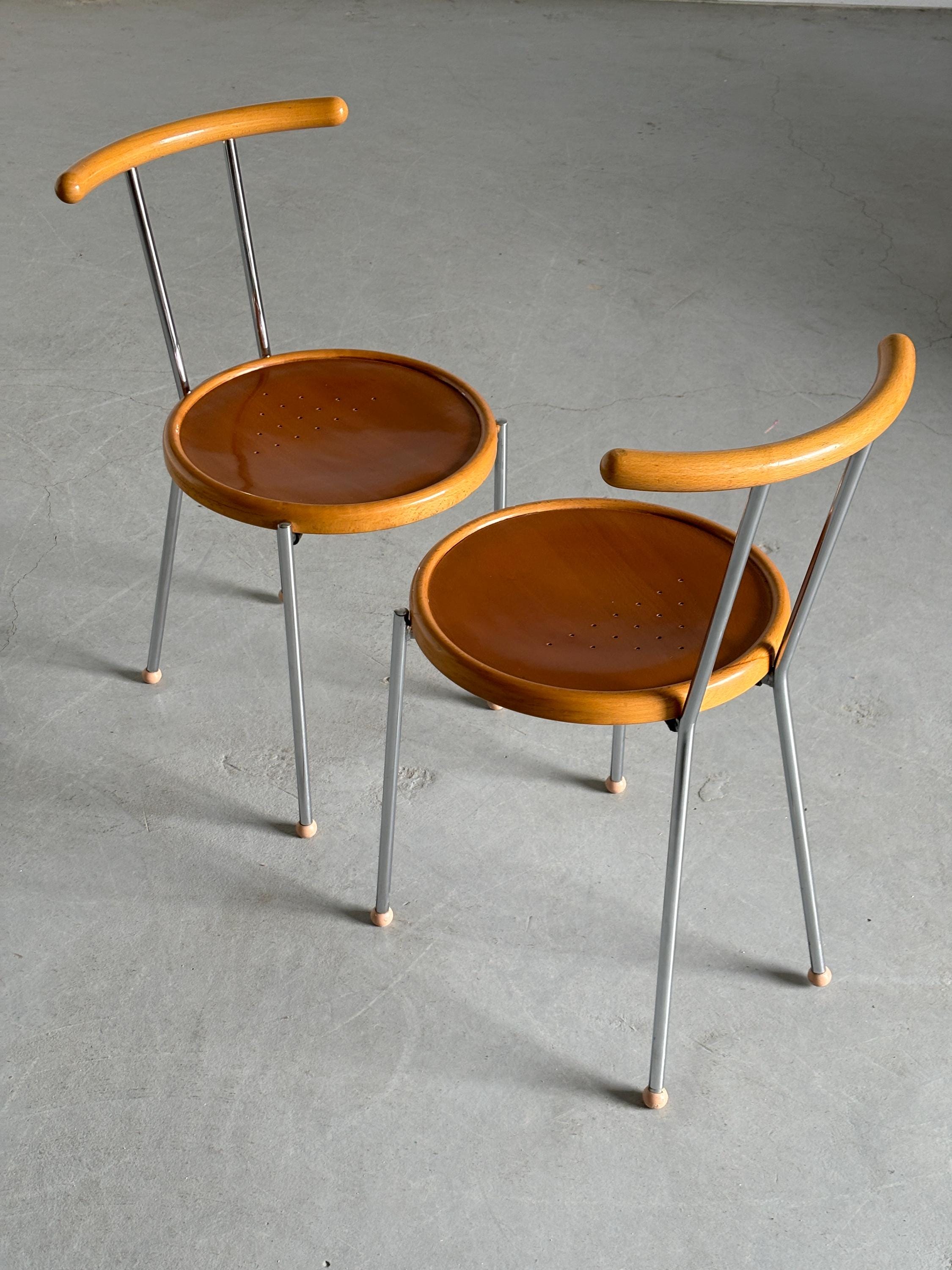 Postmodern Dining Chairs in Chromed Steel and Wood