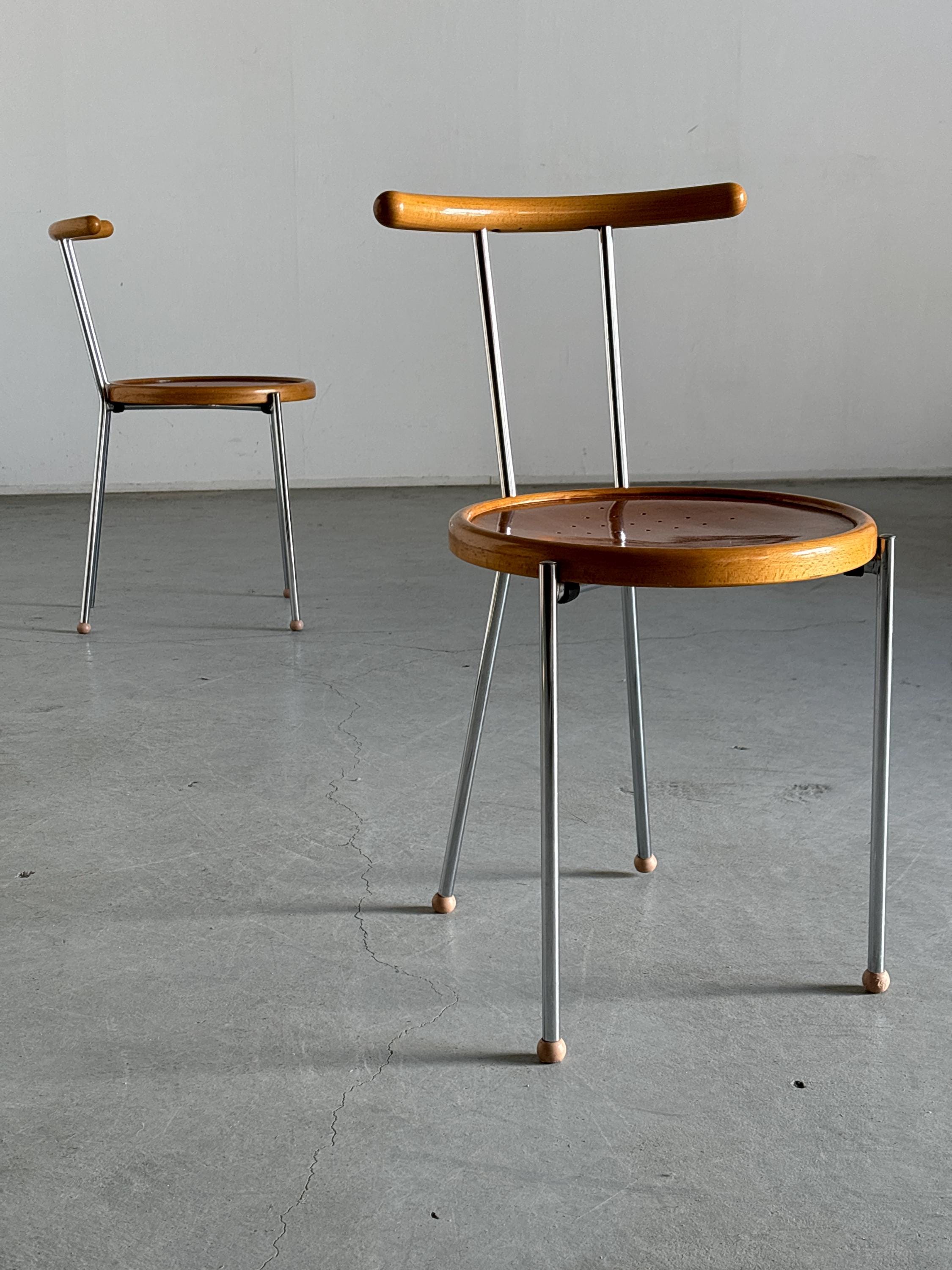 Postmodern Dining Chairs in Chromed Steel and Wood