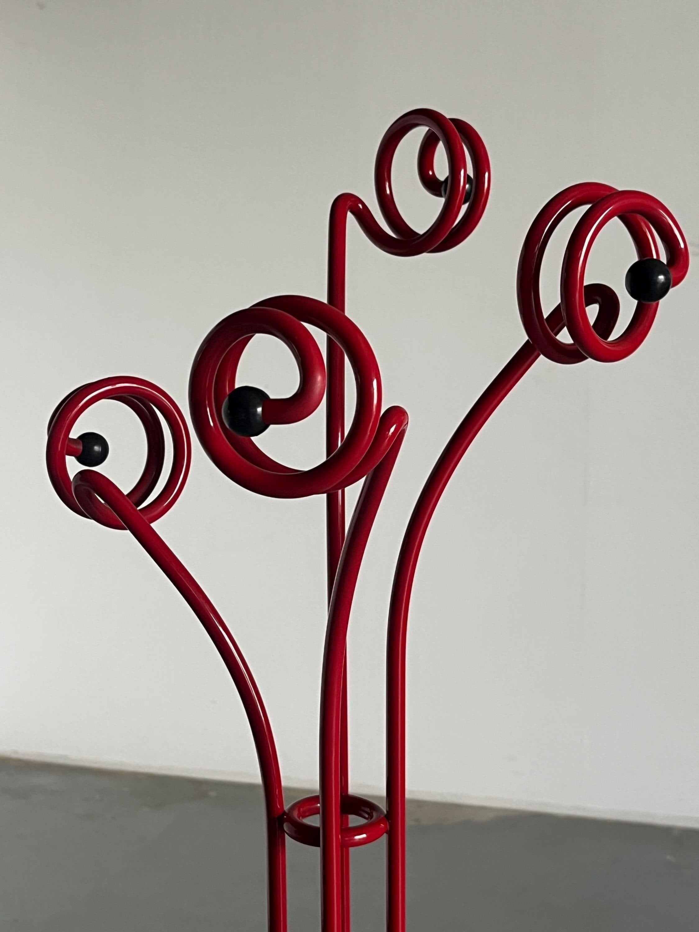 Postmodern Coat Hanger in Red Wrought Iron and Travertine