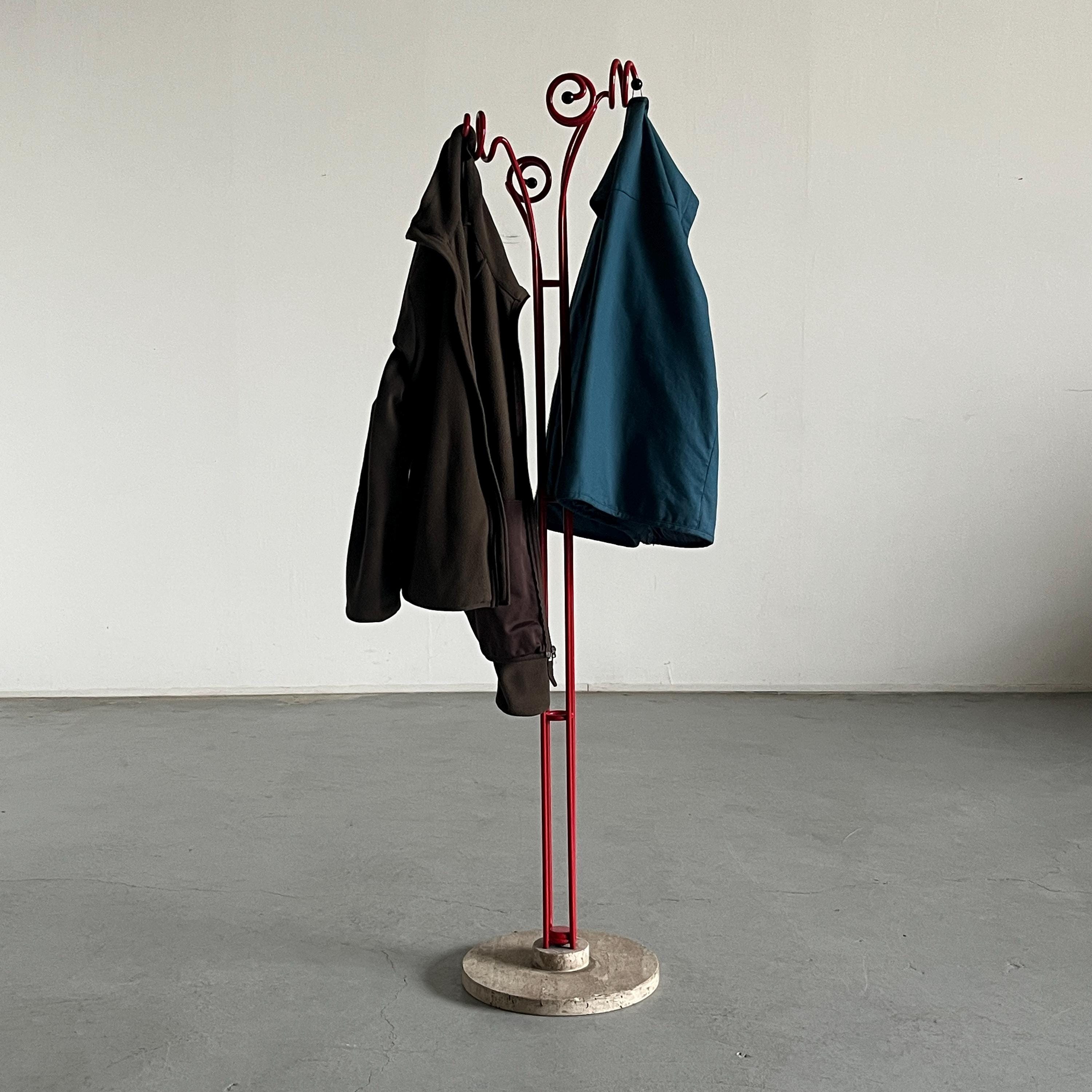 Postmodern Coat Hanger in Red Wrought Iron and Travertine