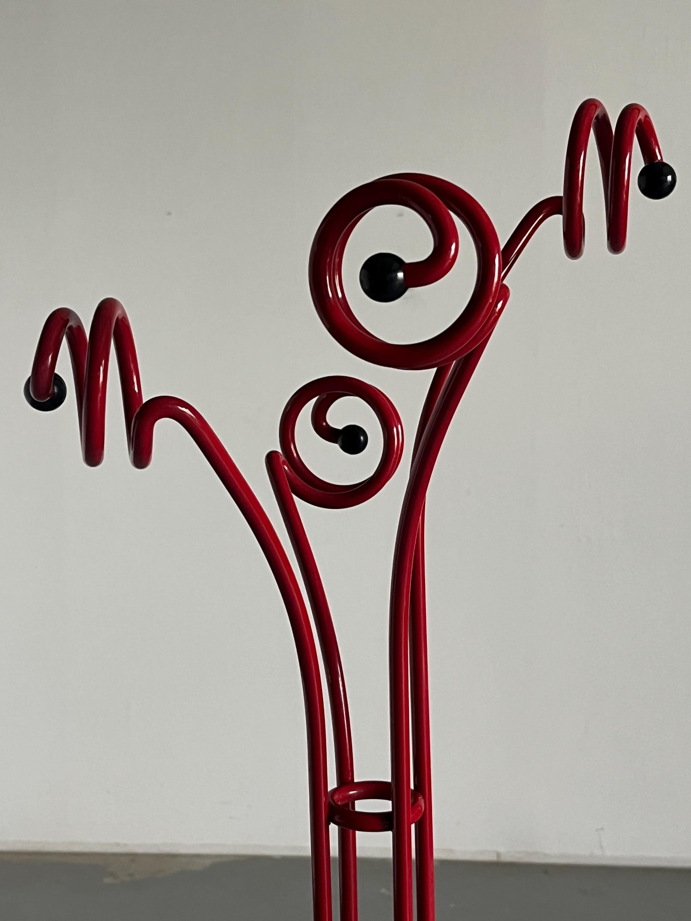 Postmodern Coat Hanger in Red Wrought Iron and Travertine