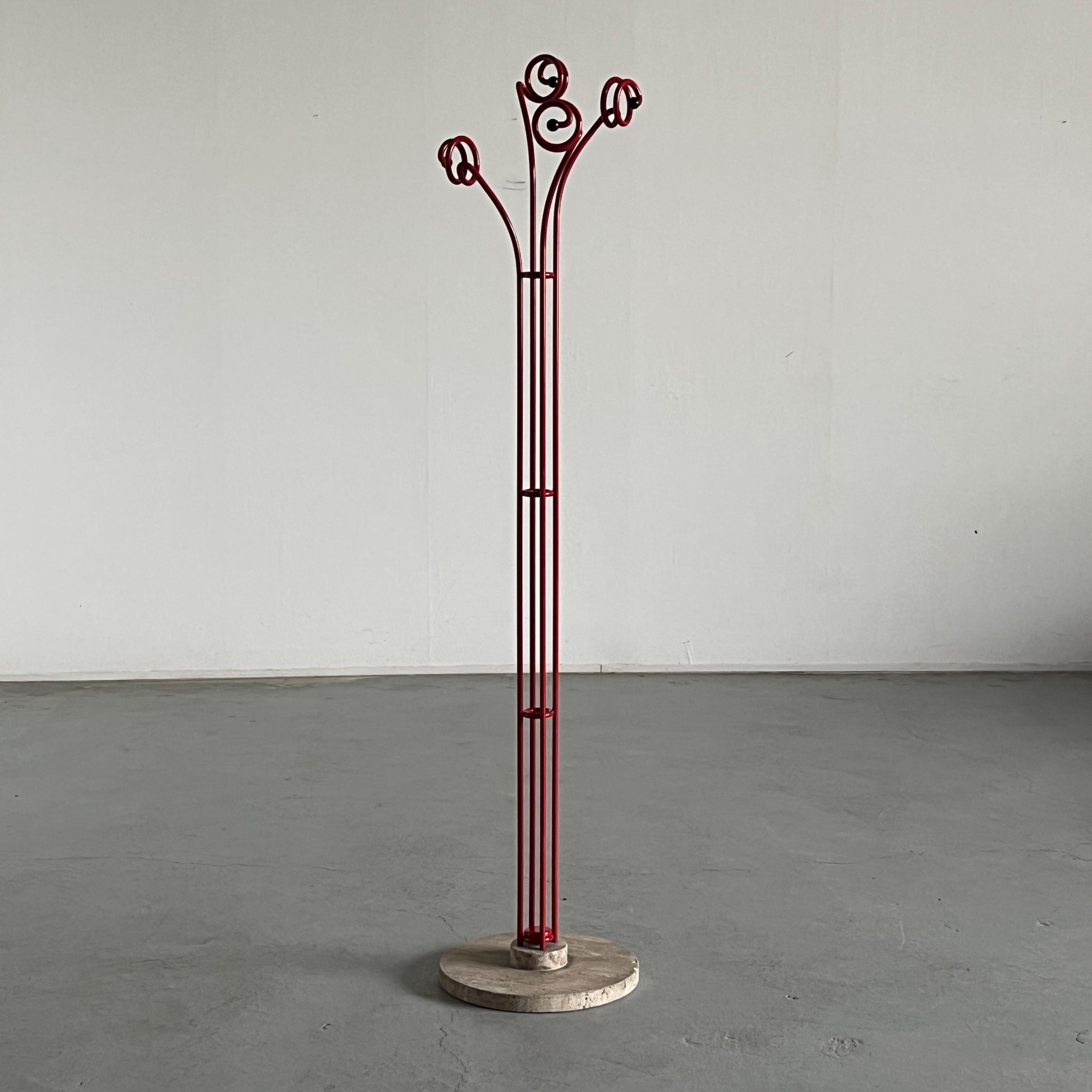 Postmodern Coat Hanger in Red Wrought Iron and Travertine