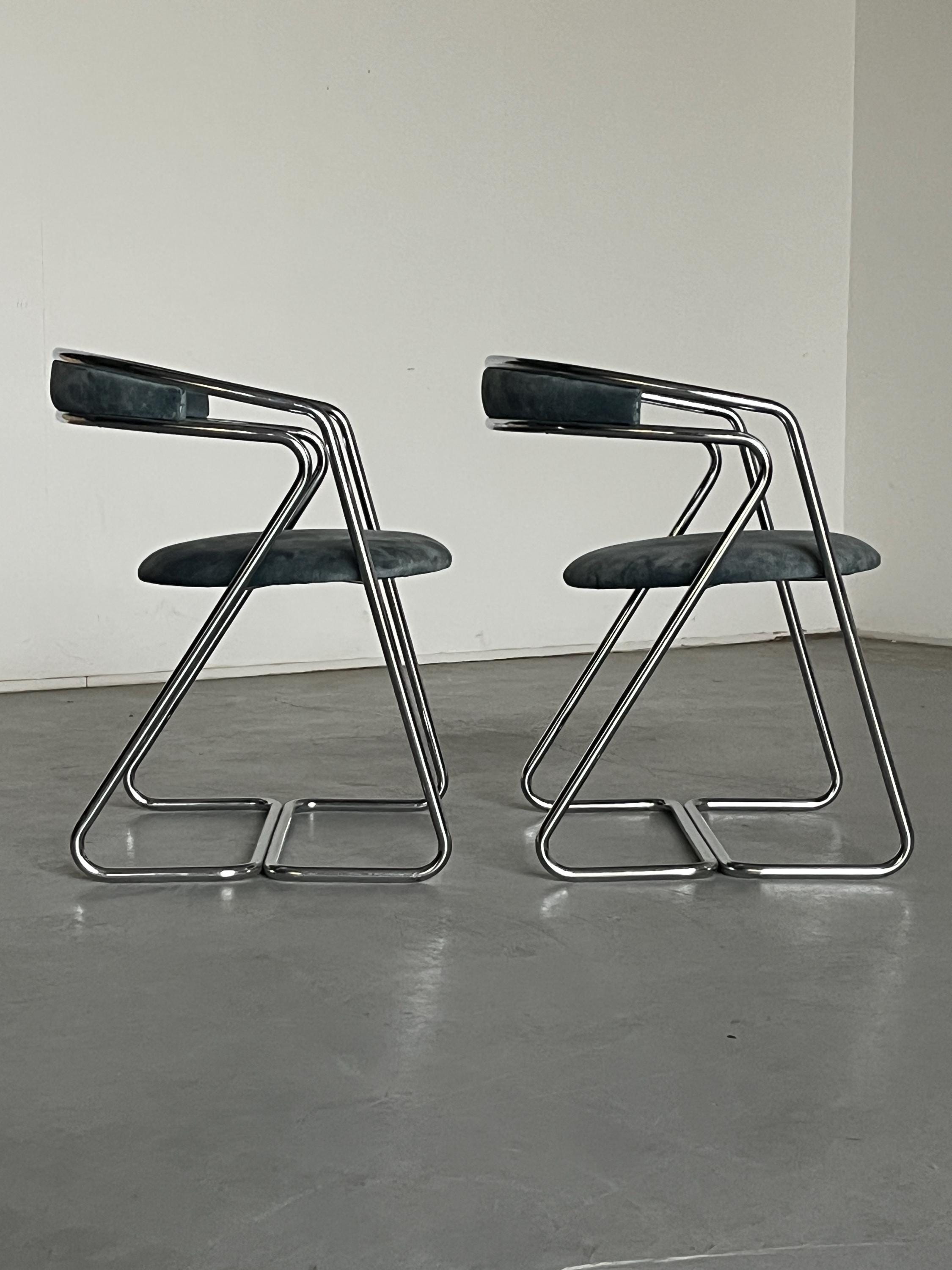 Armchairs in Curved Chromed Tubular Steel and Velvet Upholstery