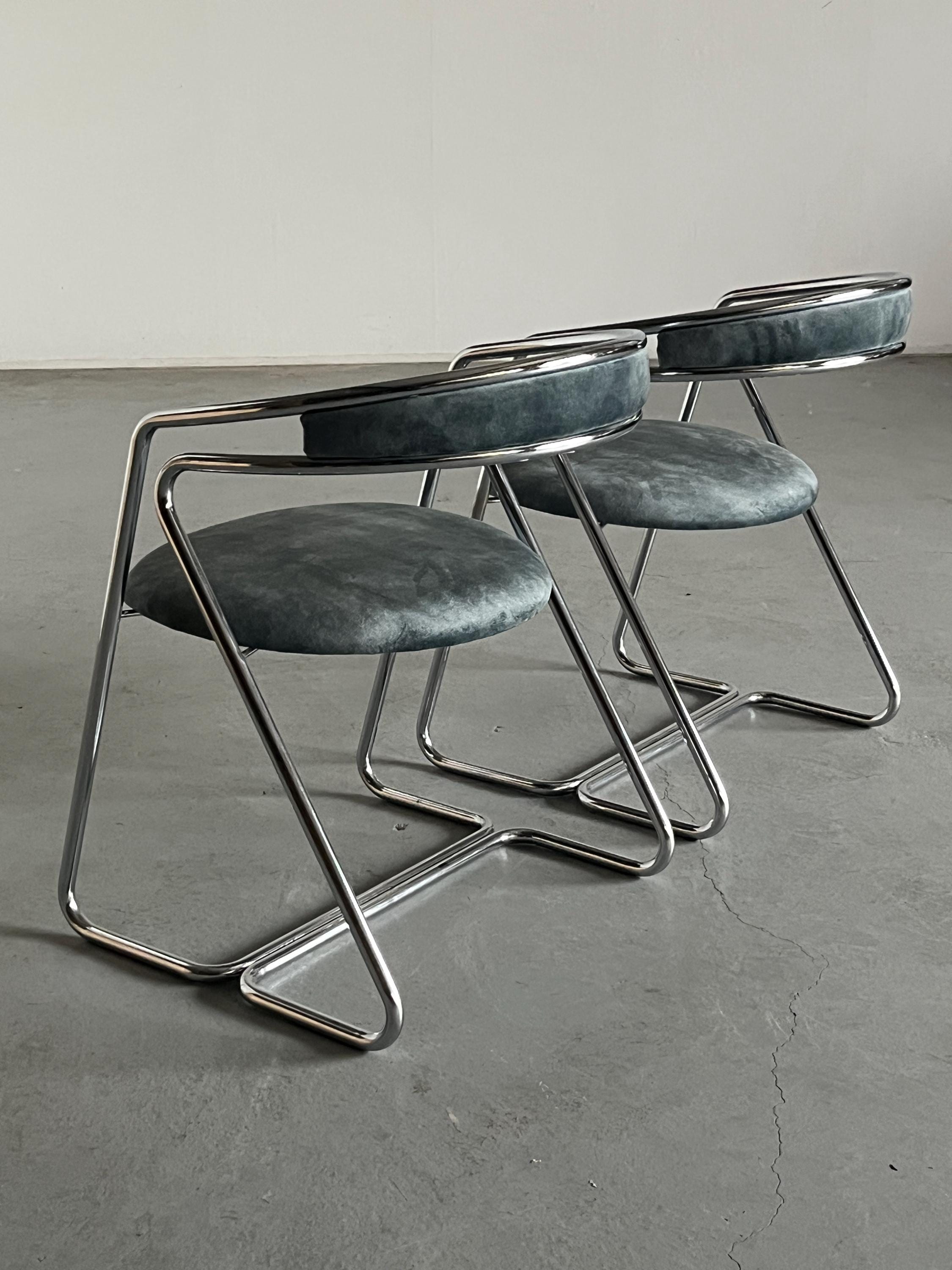Armchairs in Curved Chromed Tubular Steel and Velvet Upholstery