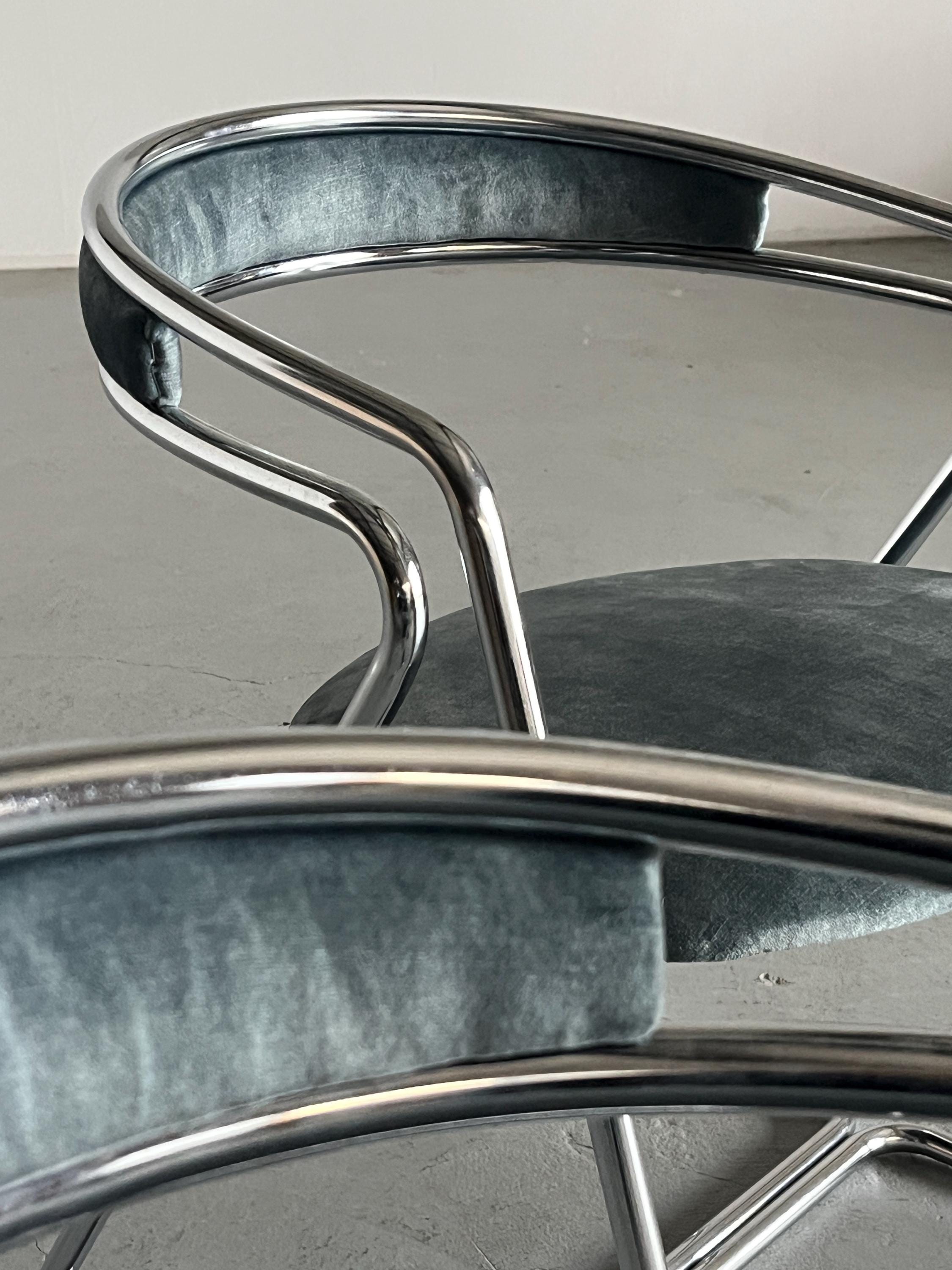 Armchairs in Curved Chromed Tubular Steel and Velvet Upholstery