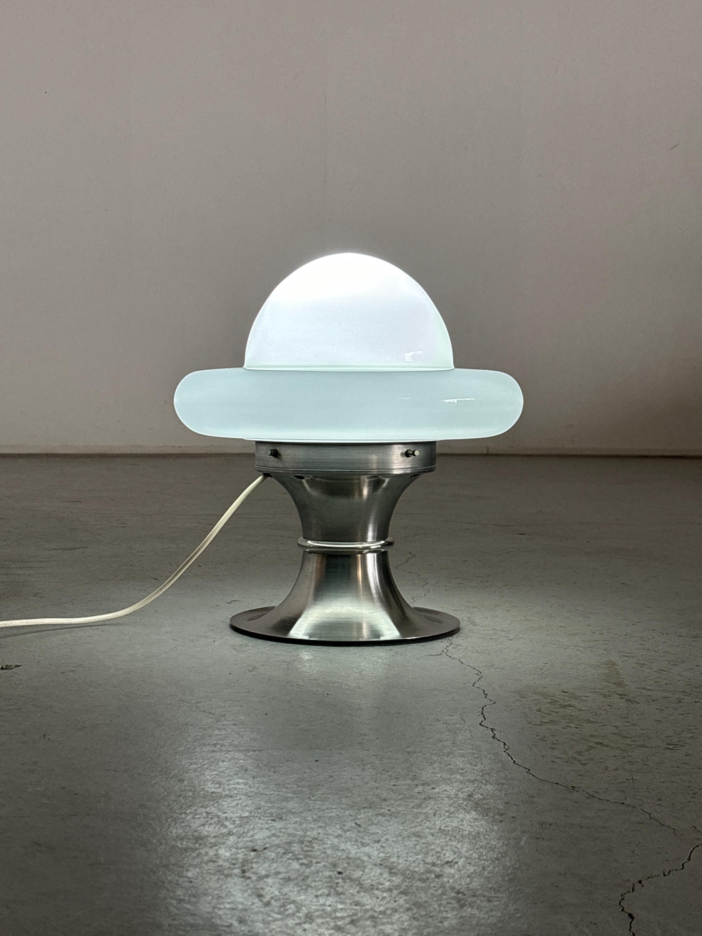 Space Age Desk Lamp in White Opal Glass and Chromed Steel