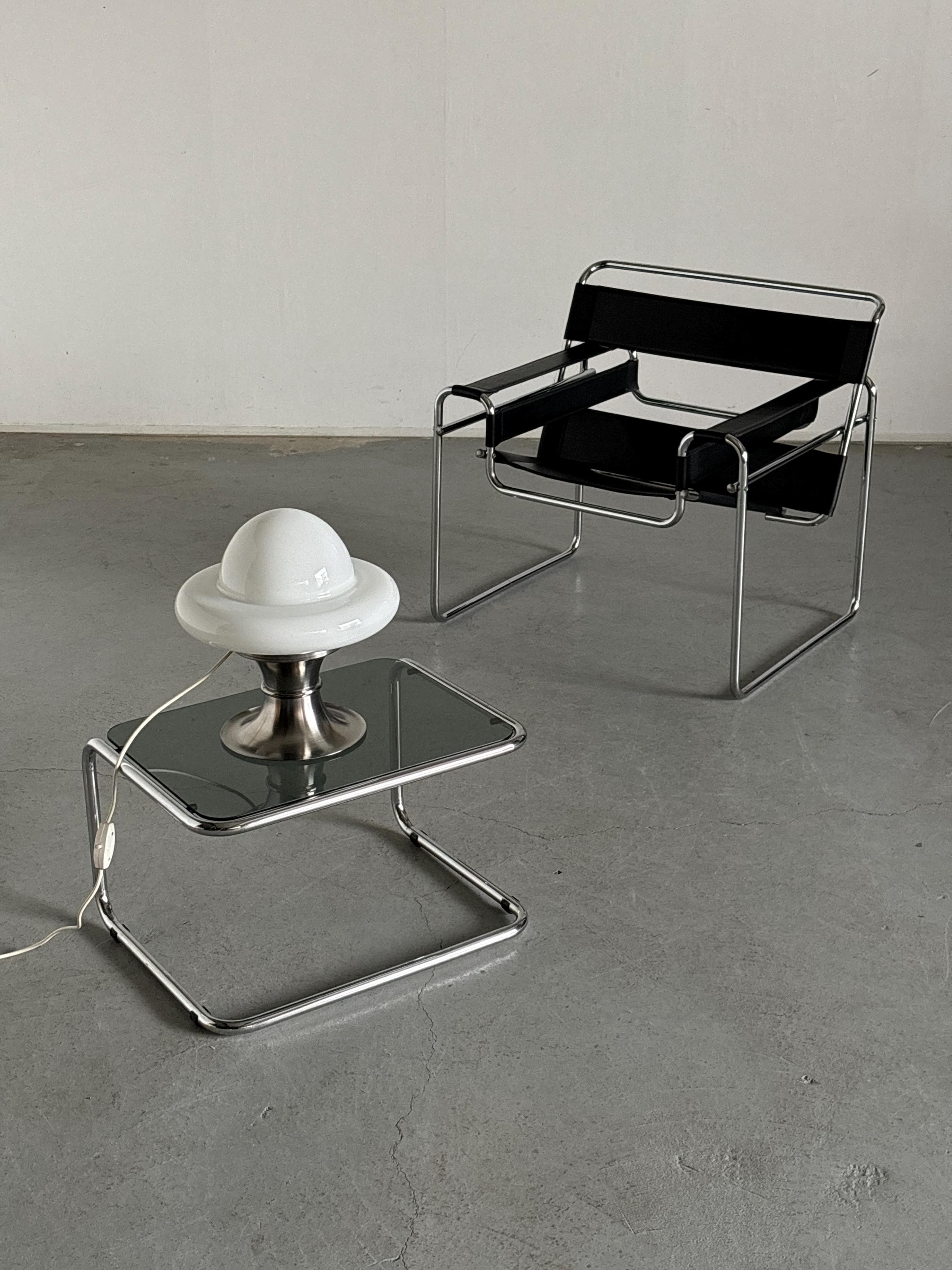 Space Age Desk Lamp in White Opal Glass and Chromed Steel