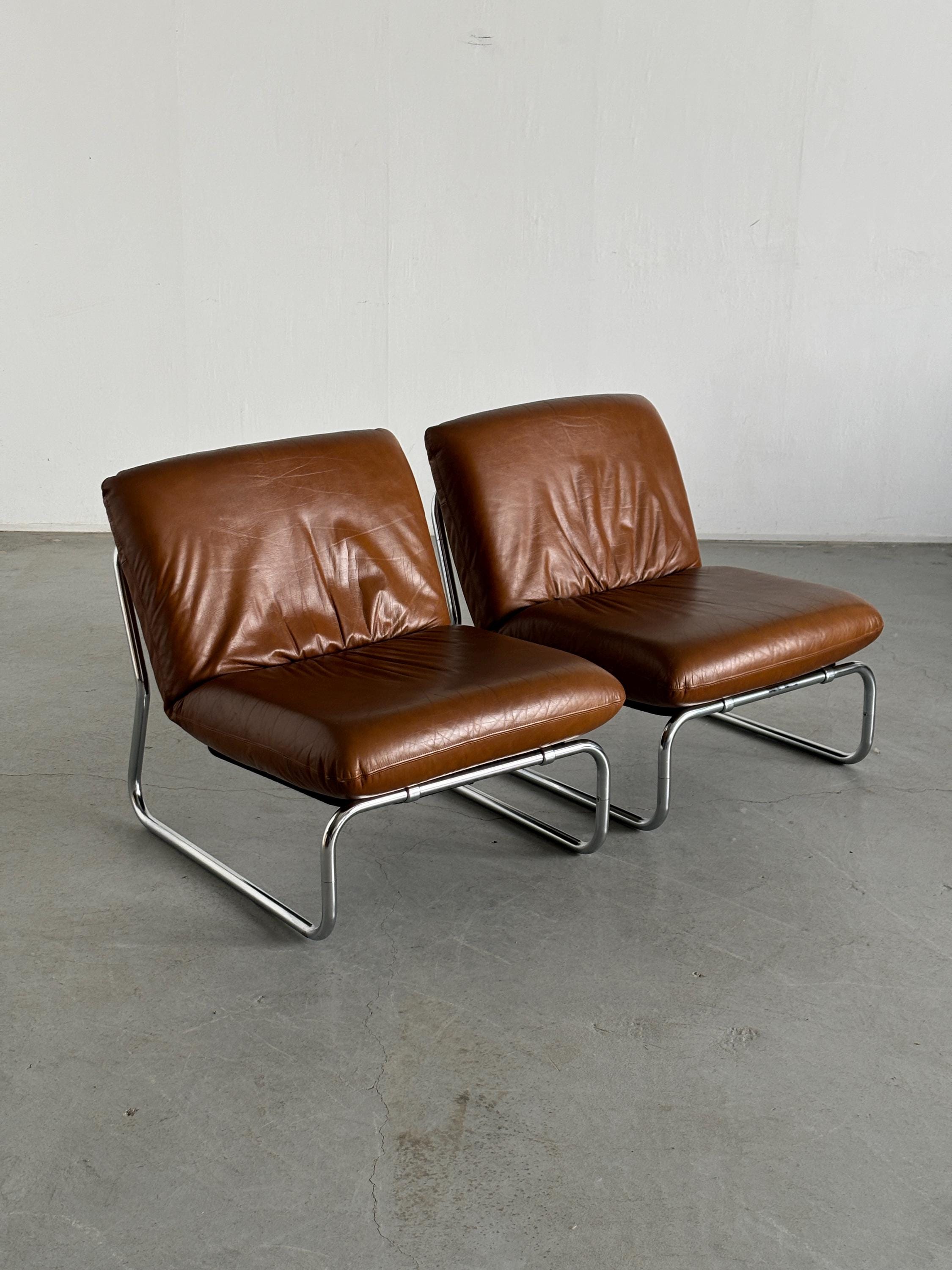 Mid-Century Modern Lounge Chairs in Brown Leather