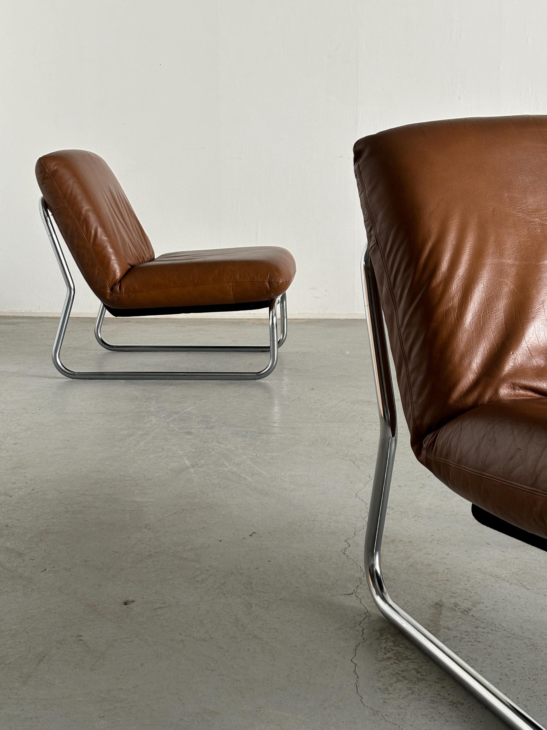 Mid-Century Modern Lounge Chairs in Brown Leather