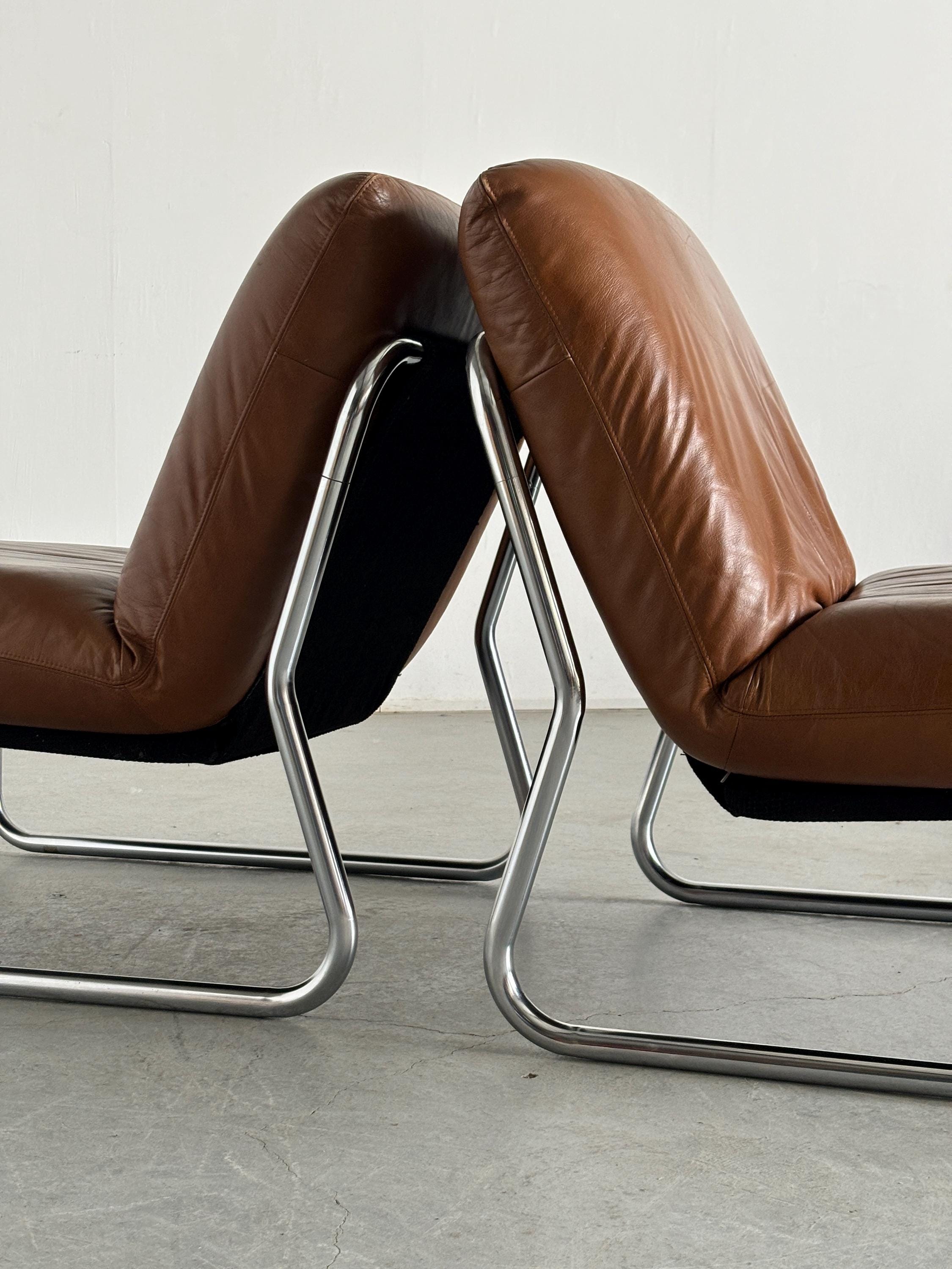Mid-Century Modern Lounge Chairs in Brown Leather