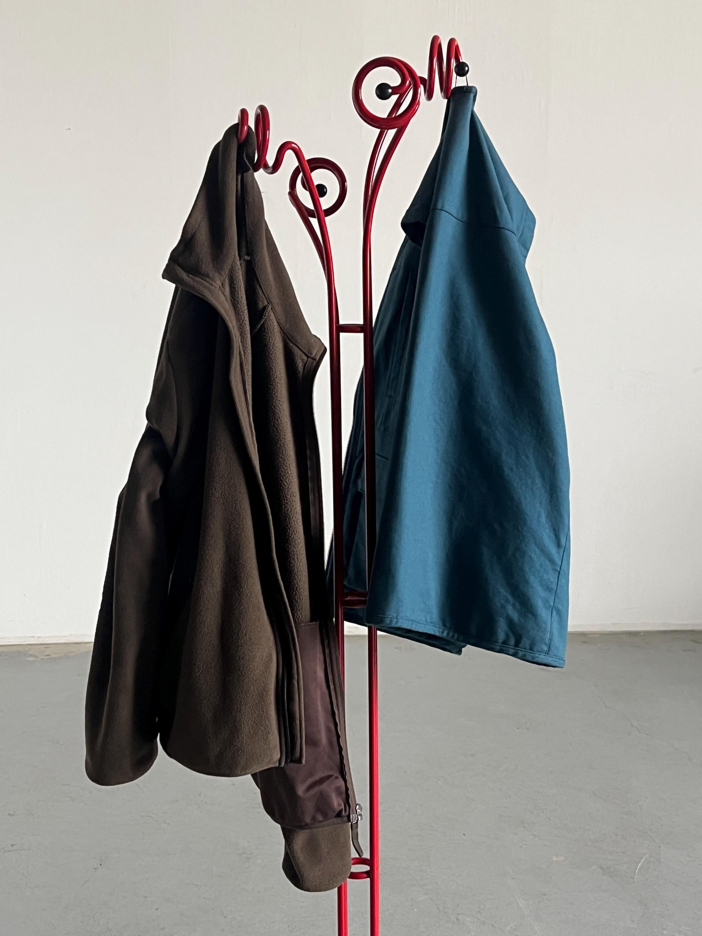 Postmodern Coat Hanger in Red Wrought Iron and Travertine