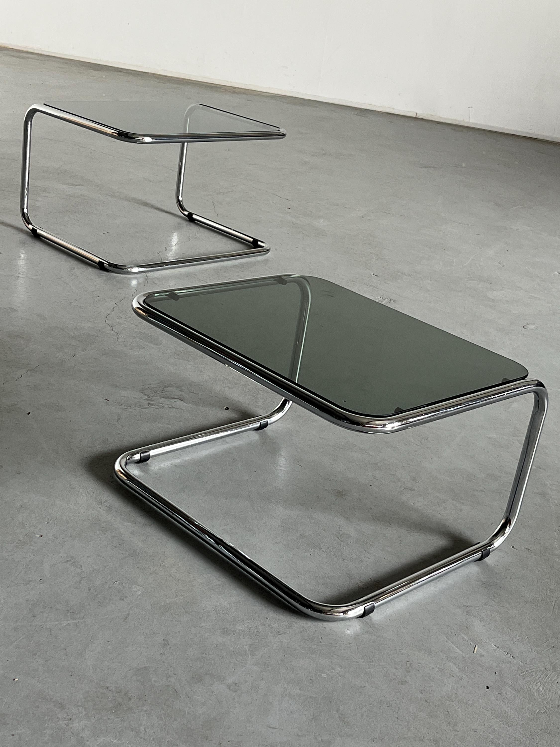 Tubular Steel and Smoked Glass Nesting Coffee Tables