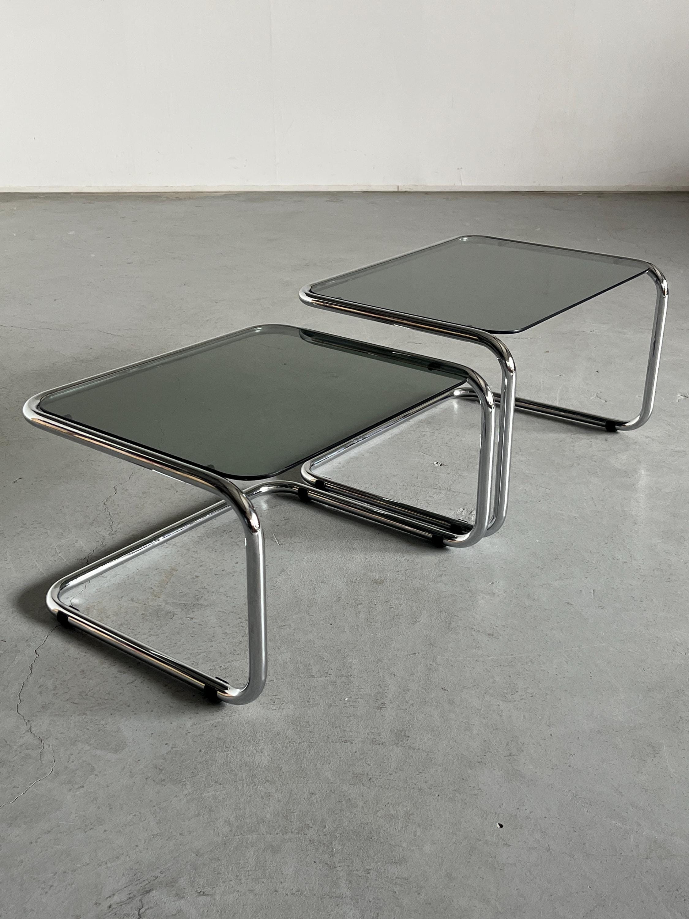 Tubular Steel and Smoked Glass Nesting Coffee Tables