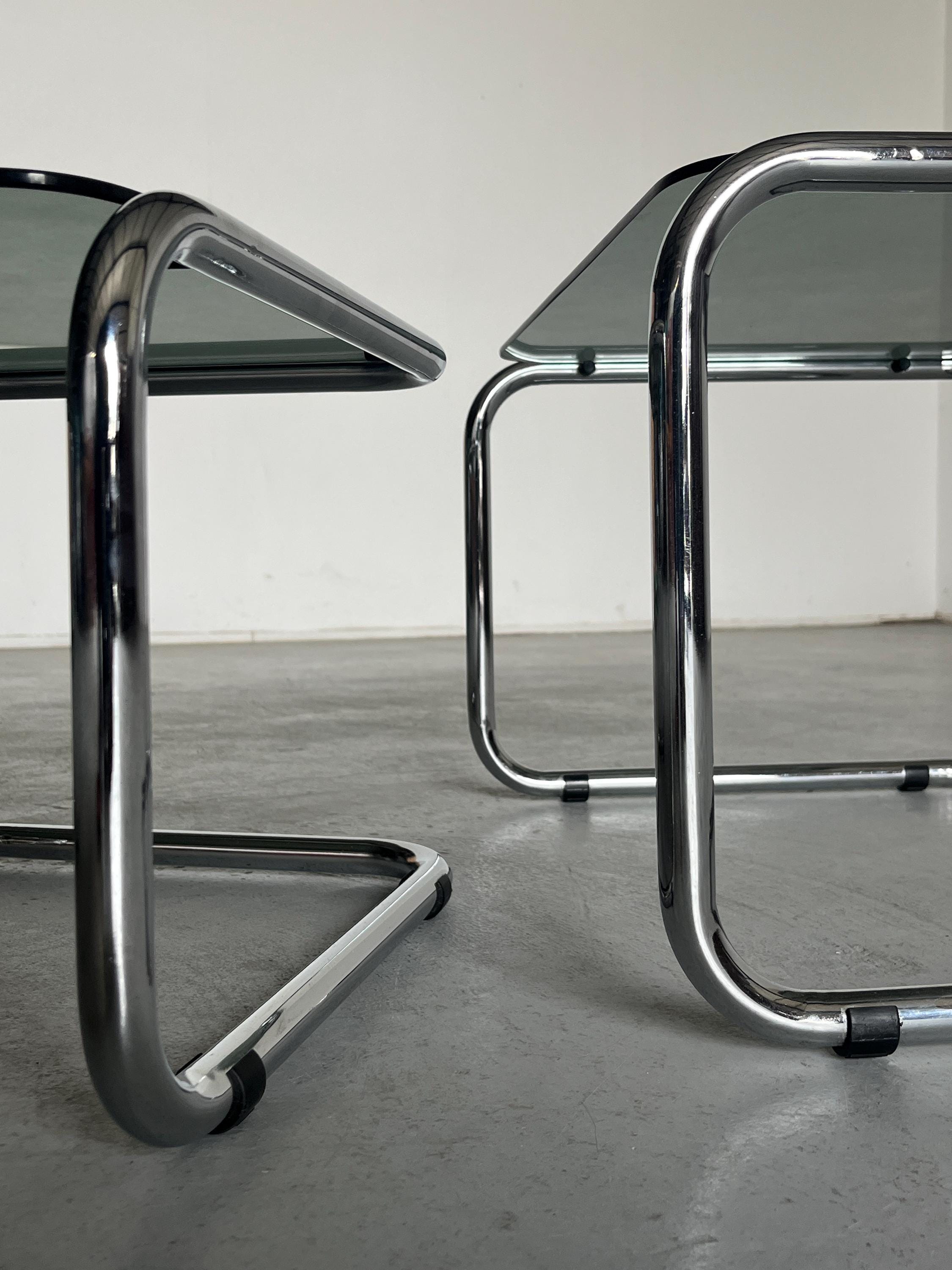 Tubular Steel and Smoked Glass Nesting Coffee Tables