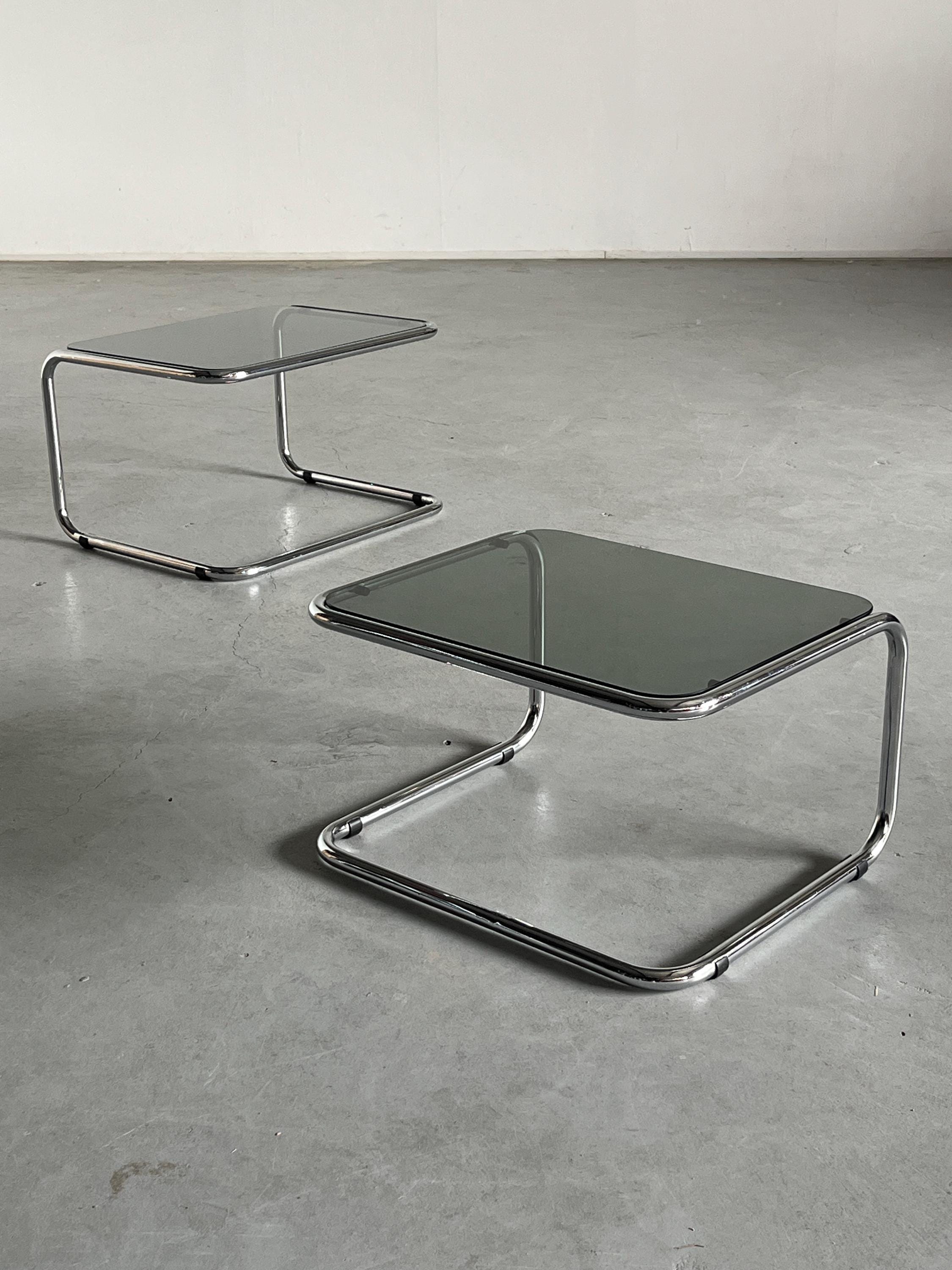 Tubular Steel and Smoked Glass Nesting Coffee Tables