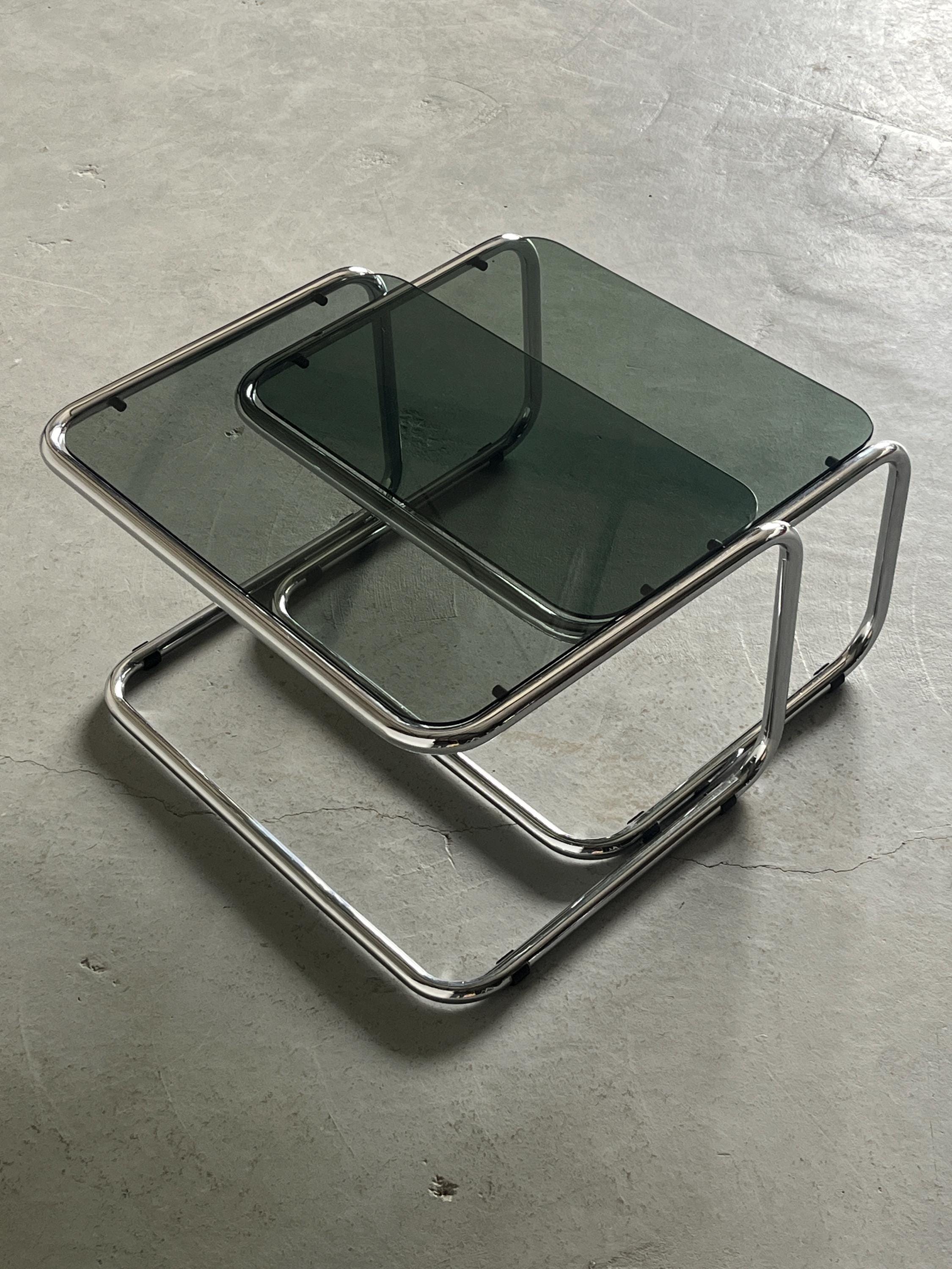 Tubular Steel and Smoked Glass Nesting Coffee Tables