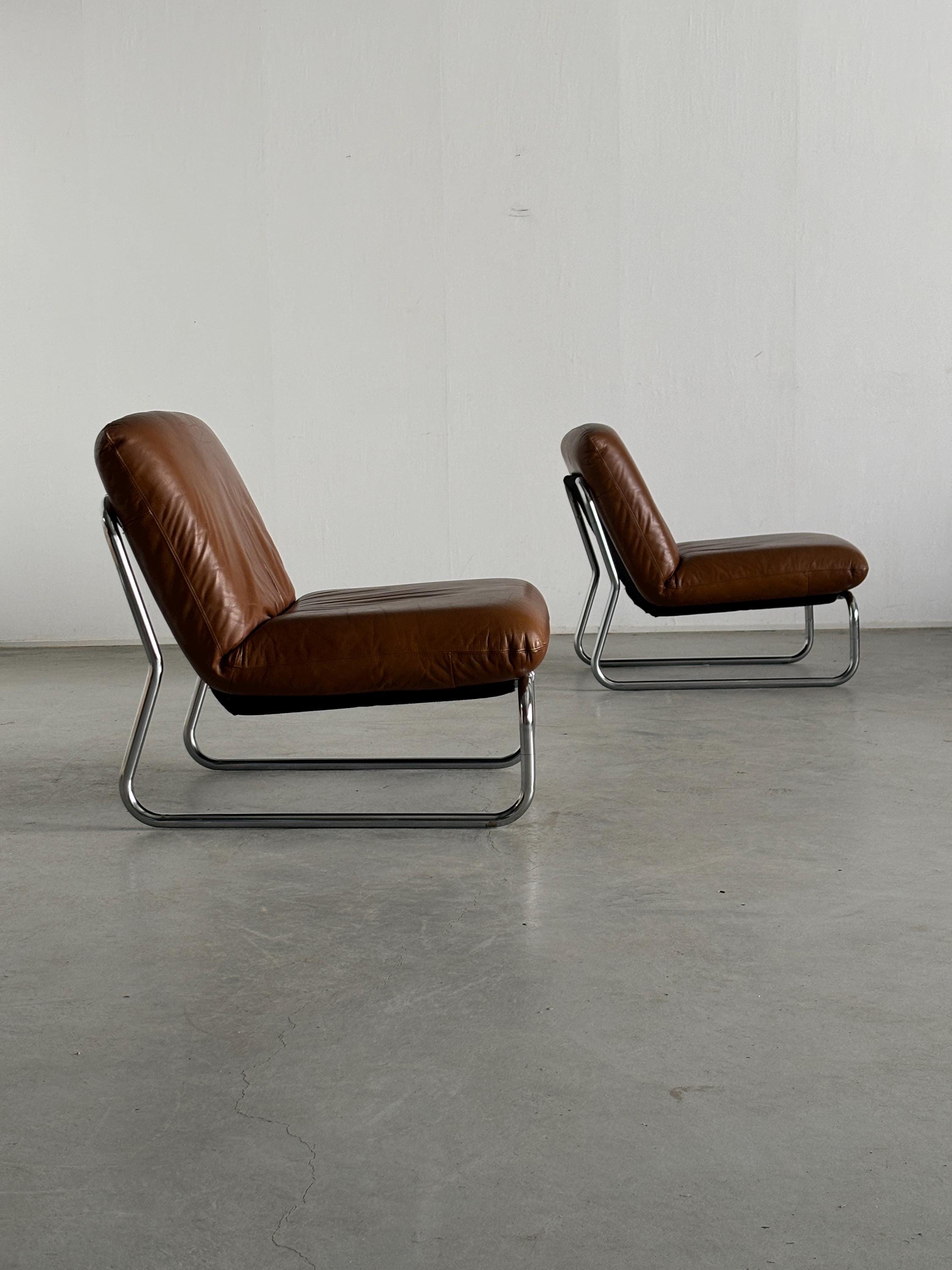 Mid-Century Modern Lounge Chairs in Brown Leather