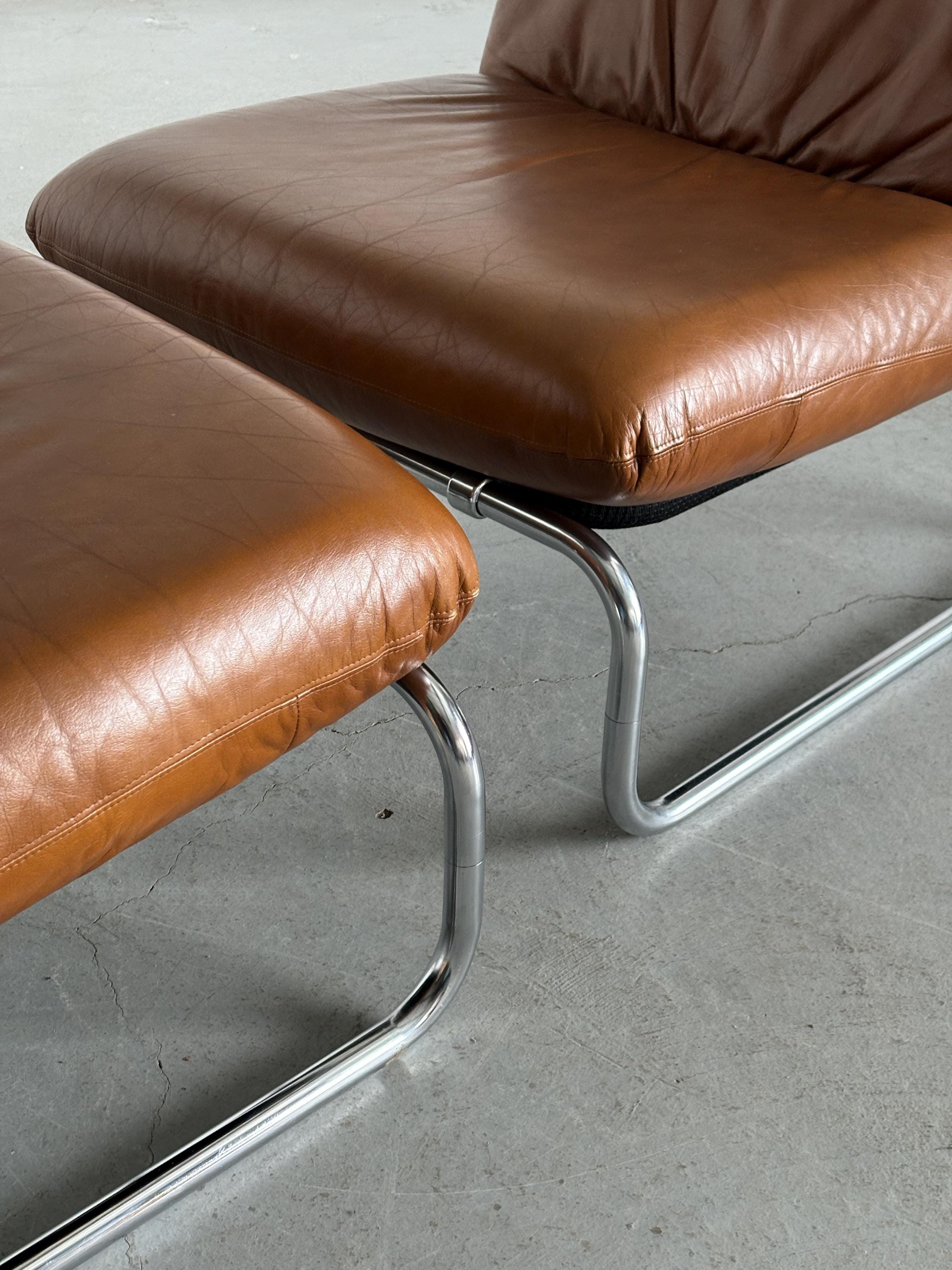 Mid-Century Modern Lounge Chairs in Brown Leather