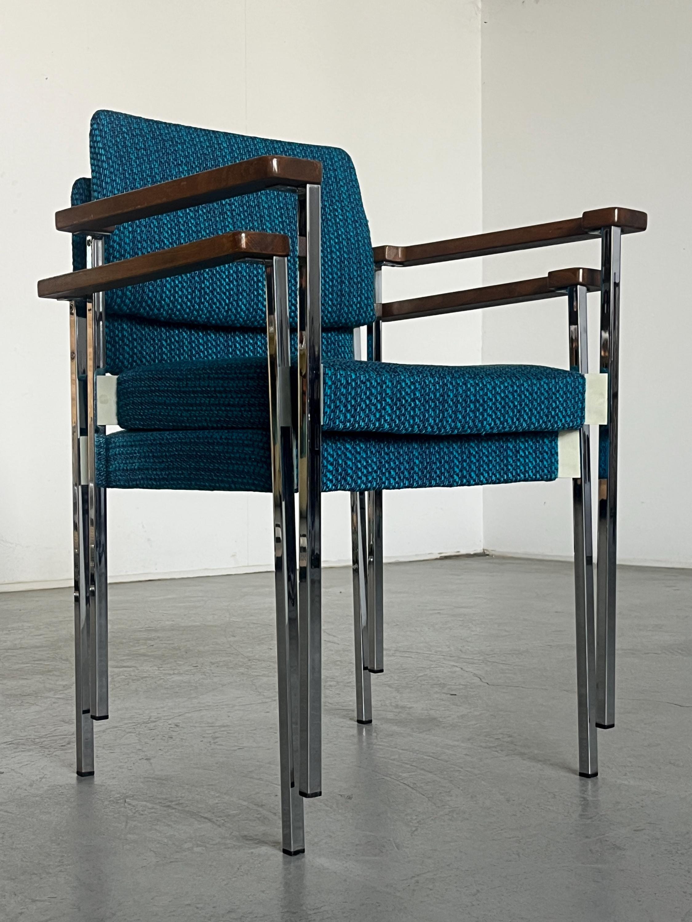 Mid-Century Modern Stackable Chrome Upholstered Side Armchairs