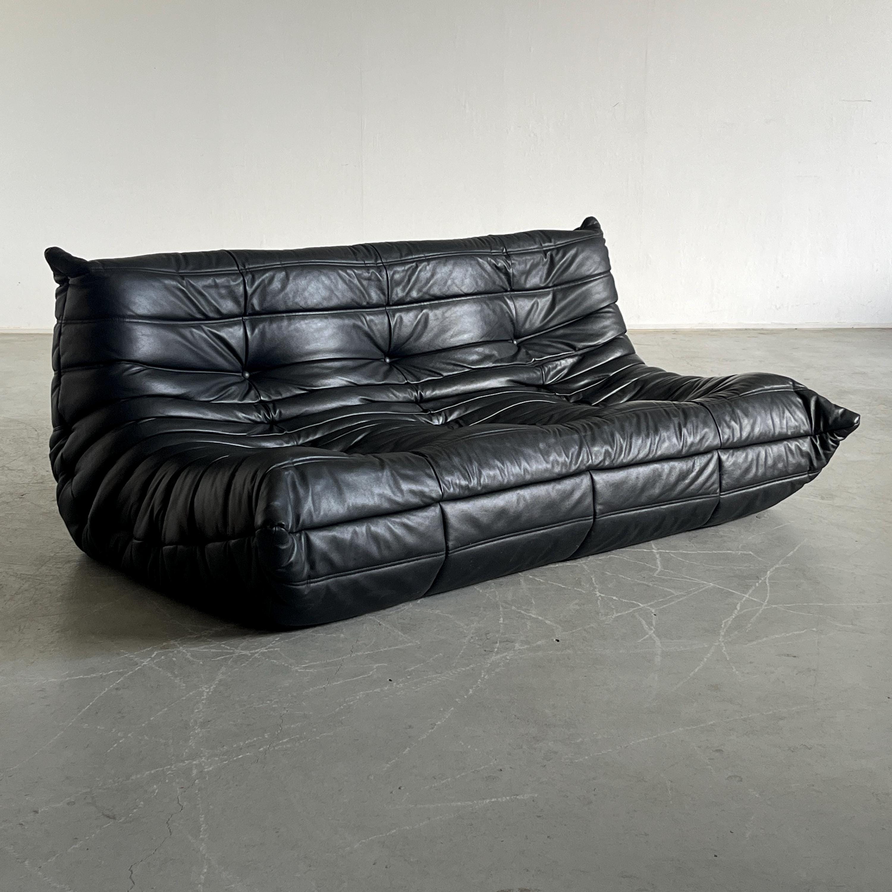 Togo Three-Seater Sofa in Black Leather, Michel Ducaroy for Ligne Roset
