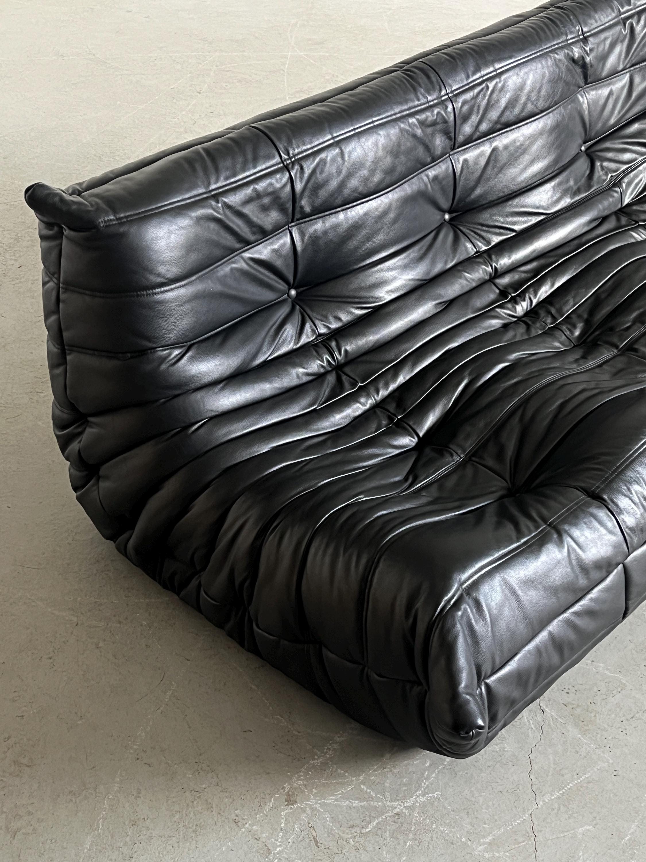 Togo Three-Seater Sofa in Black Leather, Michel Ducaroy for Ligne Roset