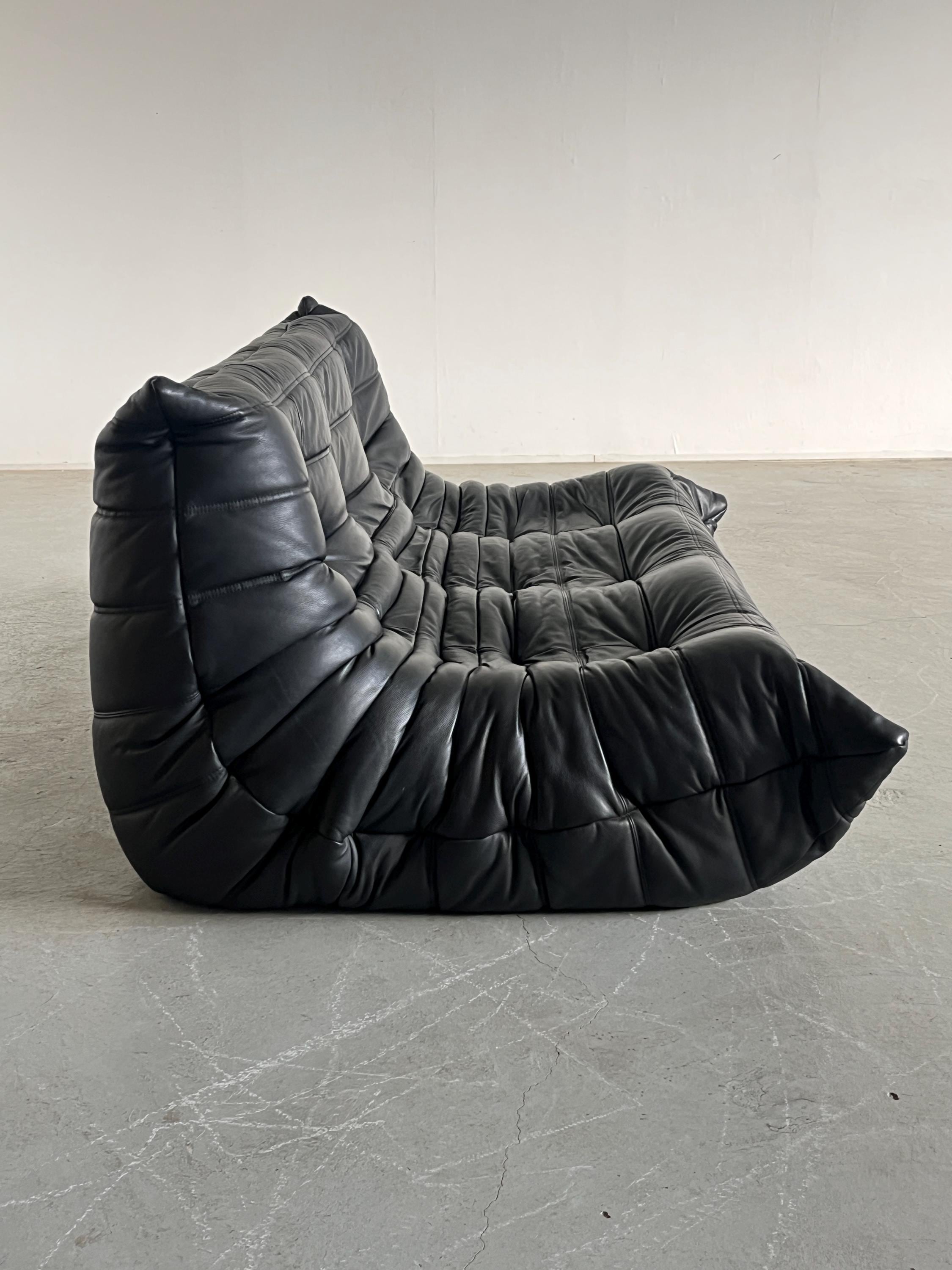 Togo Three-Seater Sofa in Black Leather, Michel Ducaroy for Ligne Roset