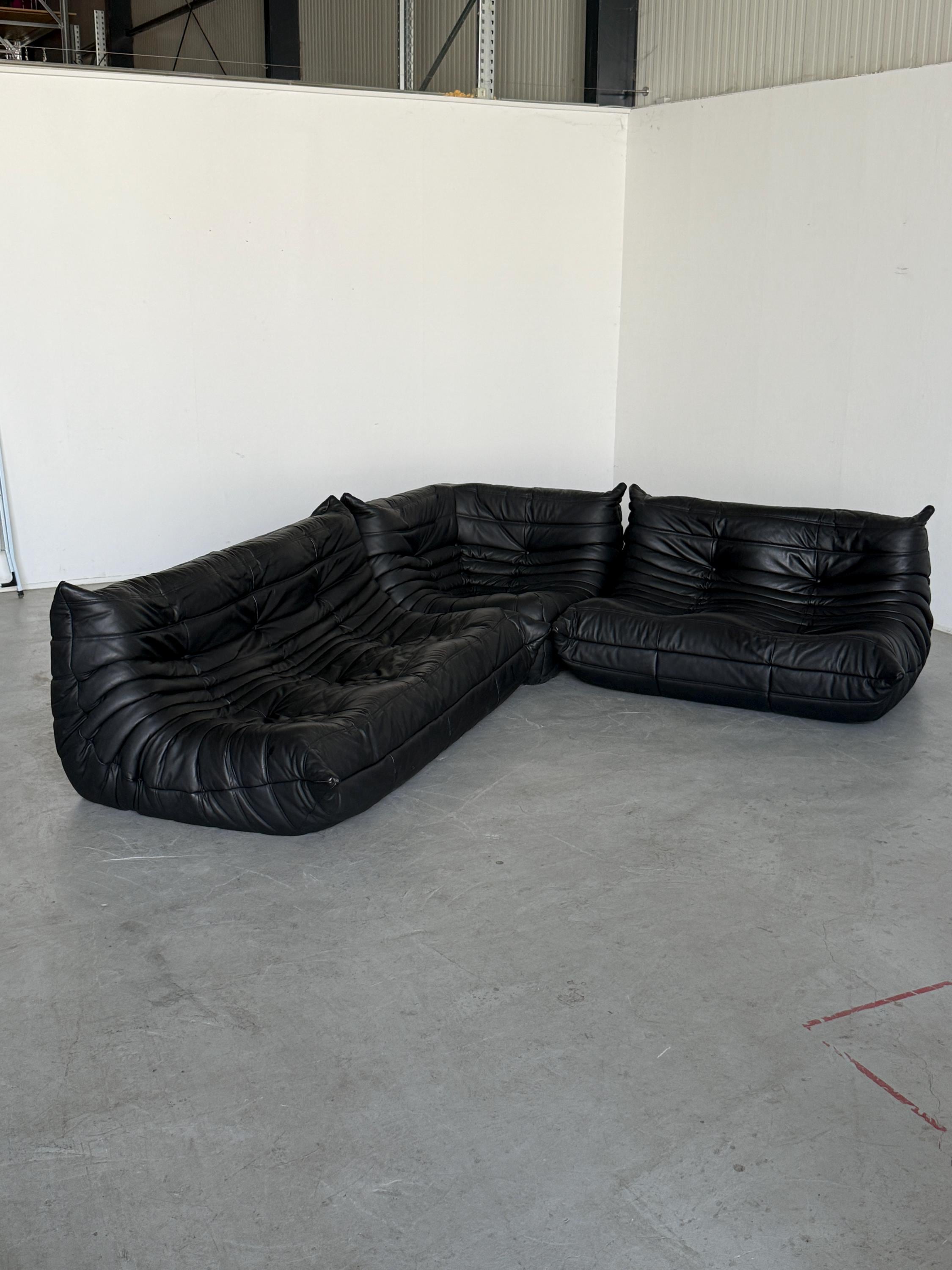 Togo Modular Sofa in Black Leather, Michel Ducaroy for Ligne Roset