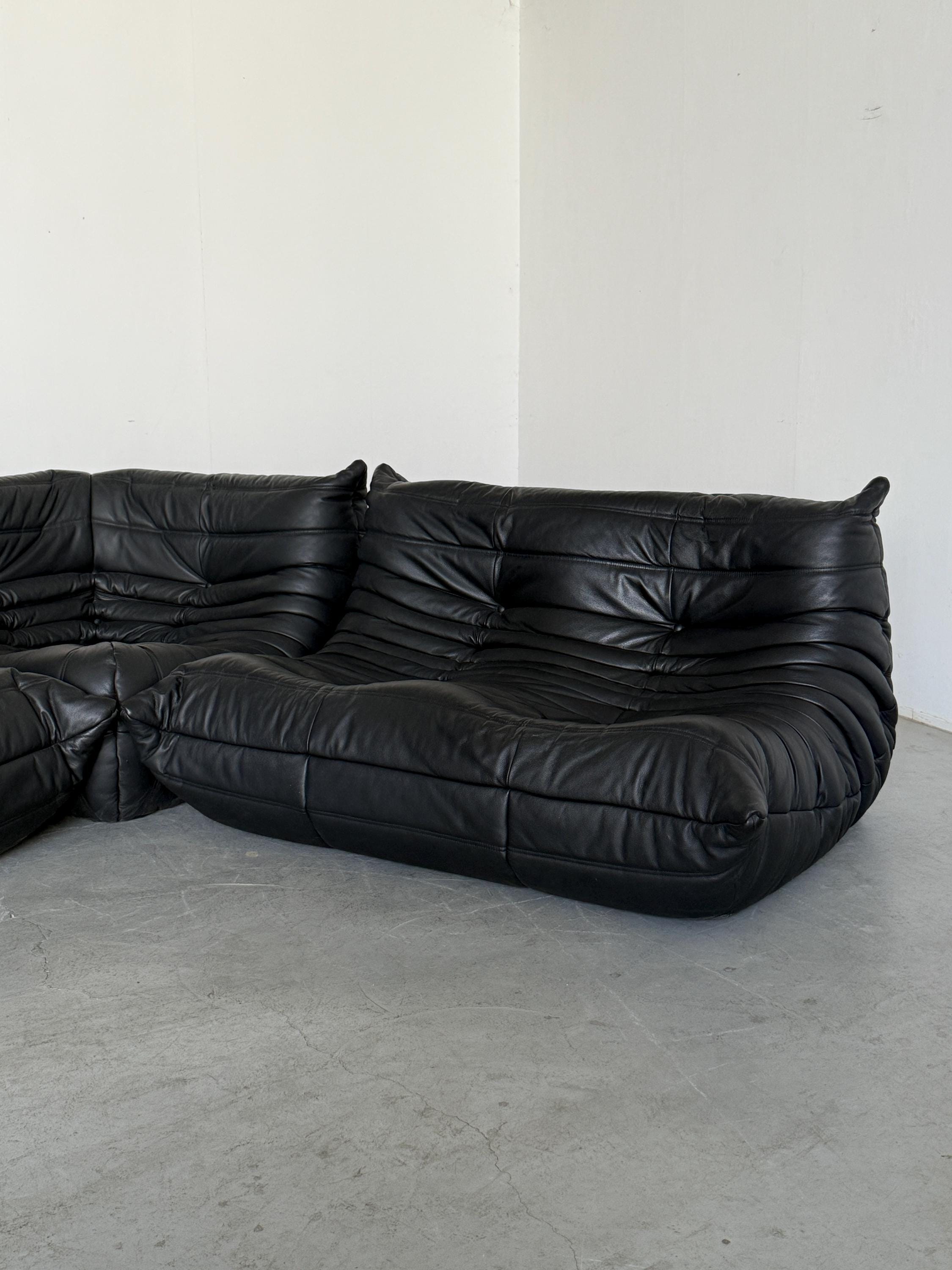 Togo Modular Sofa in Black Leather, Michel Ducaroy for Ligne Roset