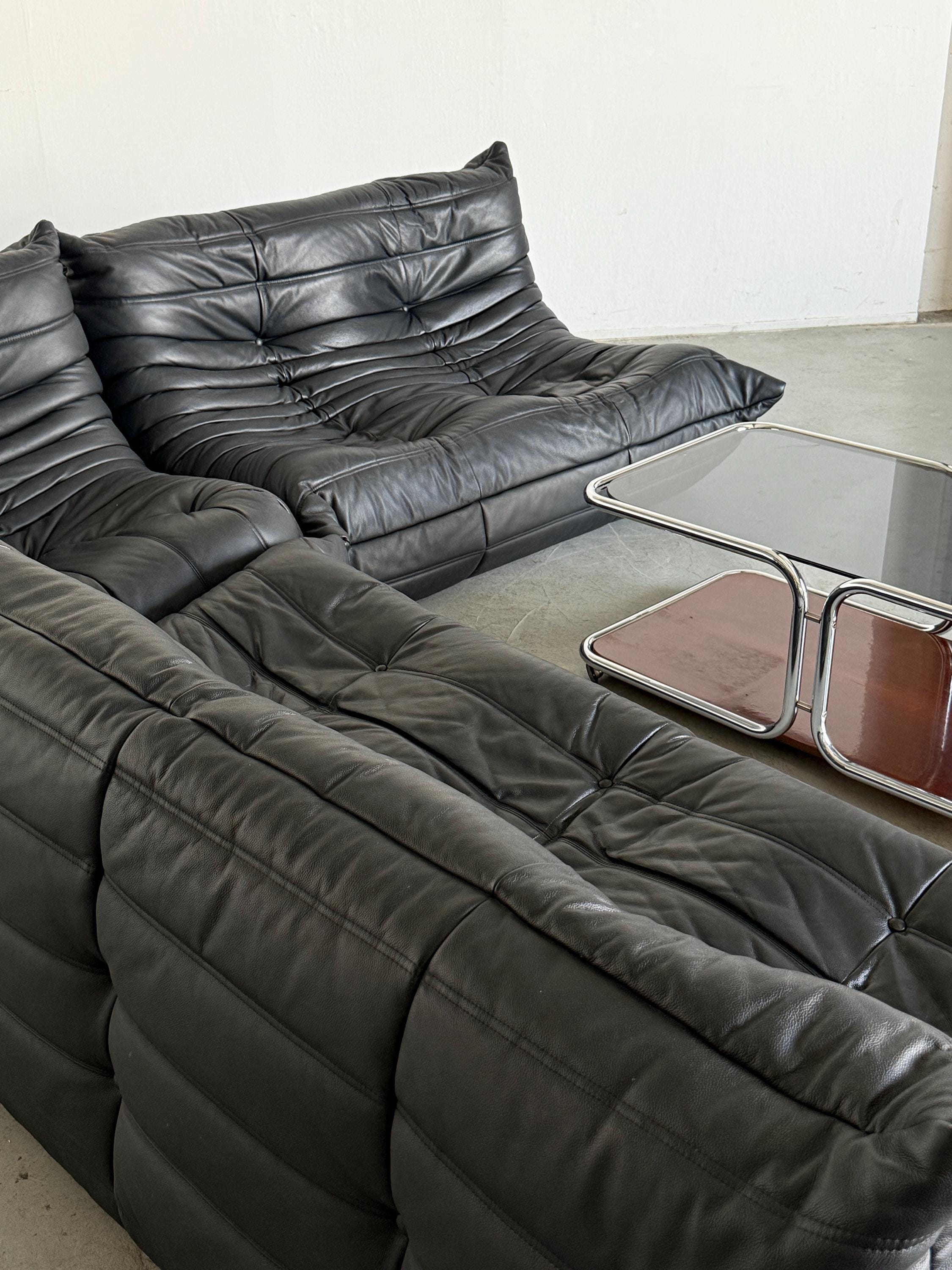 Togo Modular Sofa in Black Leather, Michel Ducaroy for Ligne Roset