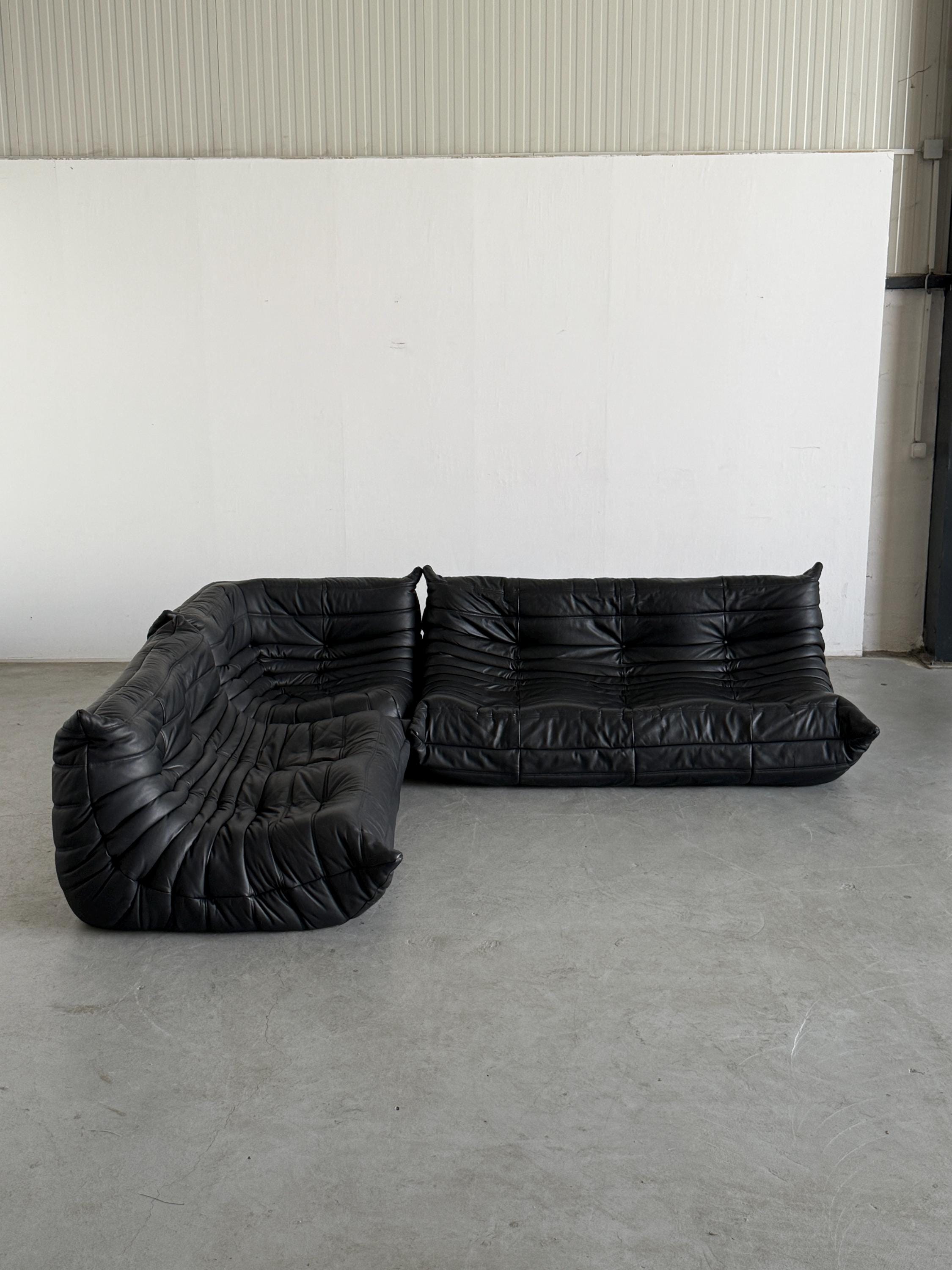 Togo Modular Sofa in Black Leather, Michel Ducaroy for Ligne Roset