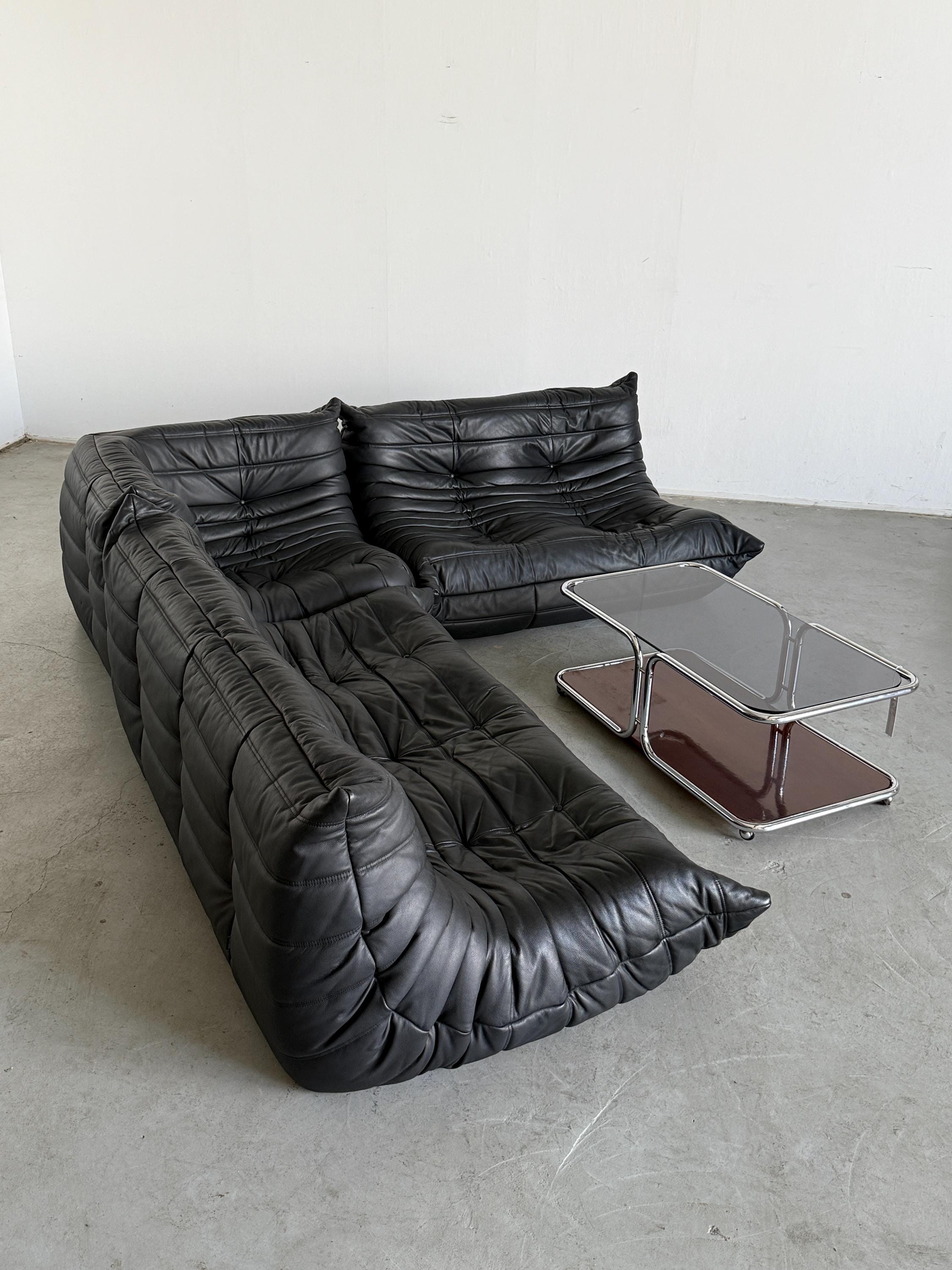 Togo Modular Sofa in Black Leather, Michel Ducaroy for Ligne Roset