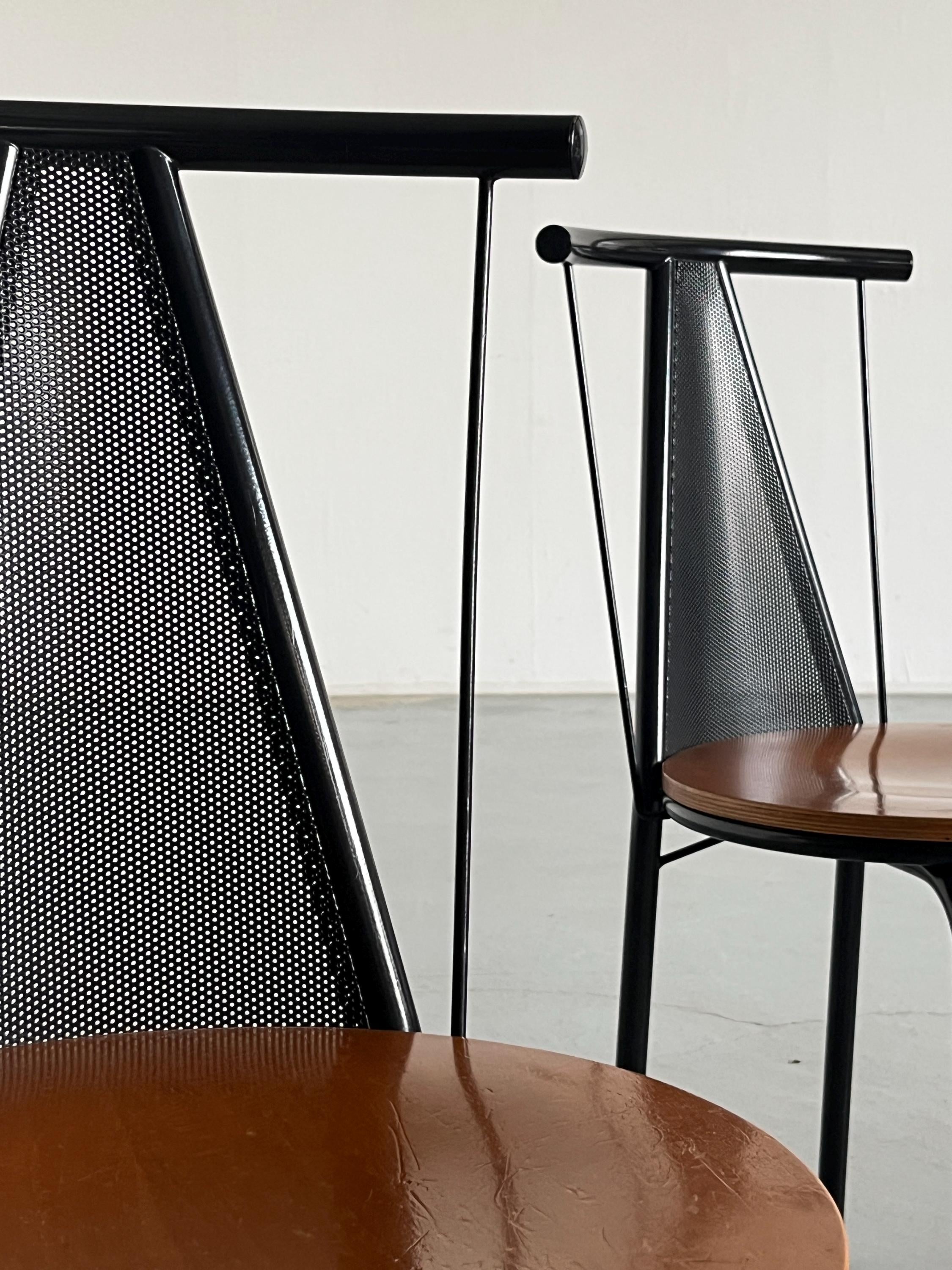 Postmodern Sculptural Dining Chairs in Black Metal with Circular Wooden Seats