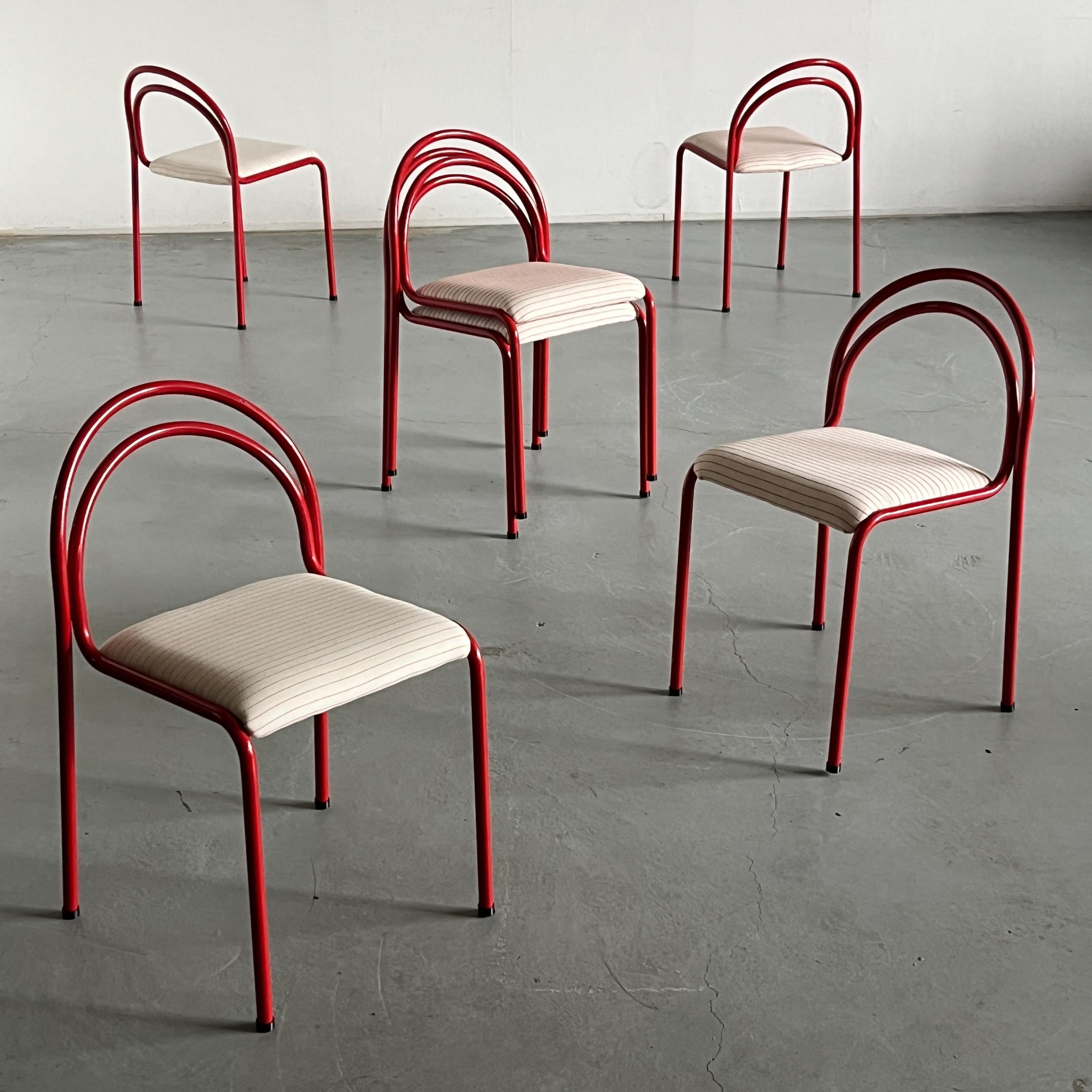 Sculptural Chairs in Red Curved Iron Frame