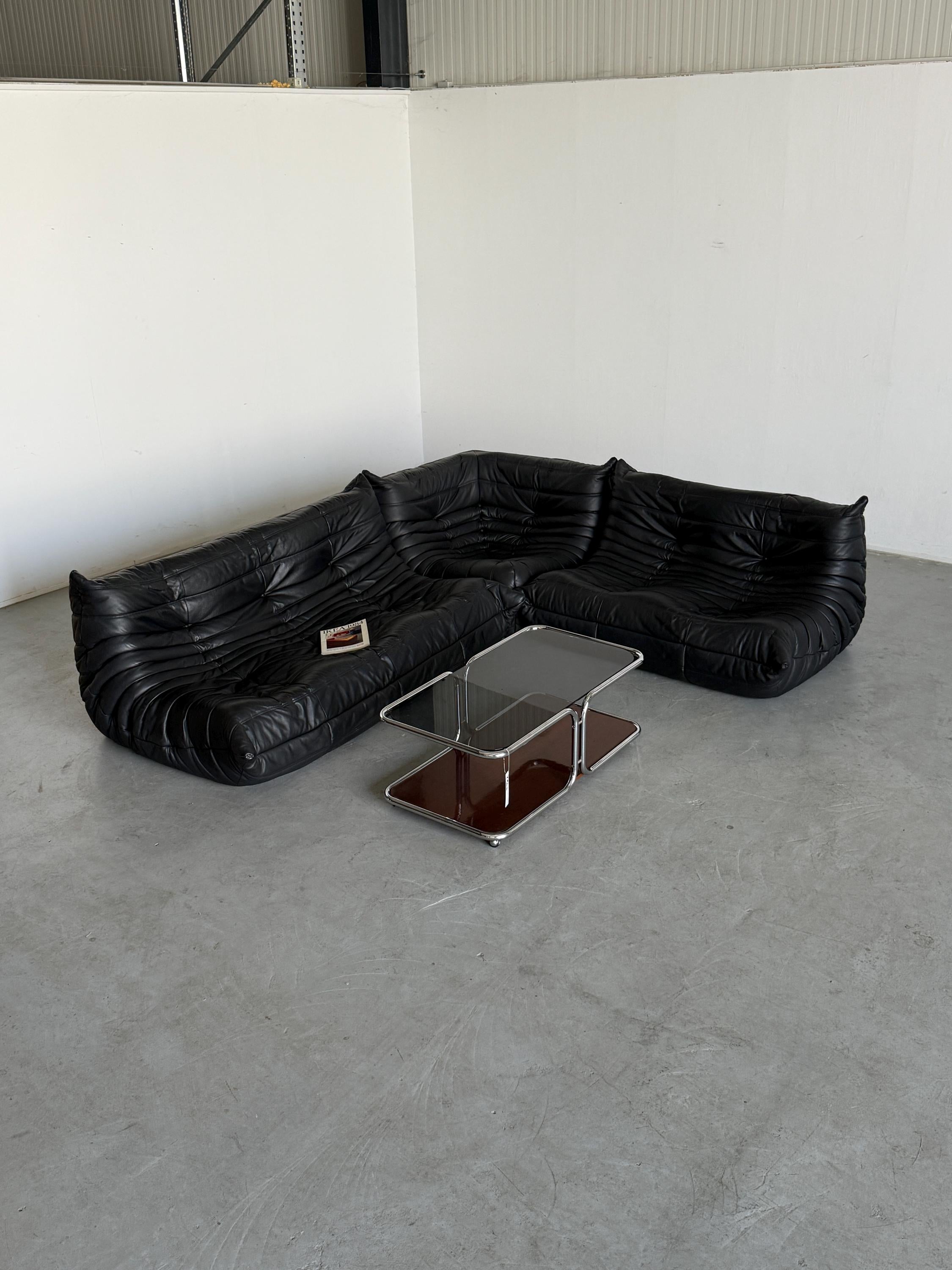 Togo Modular Sofa in Black Leather, Michel Ducaroy for Ligne Roset