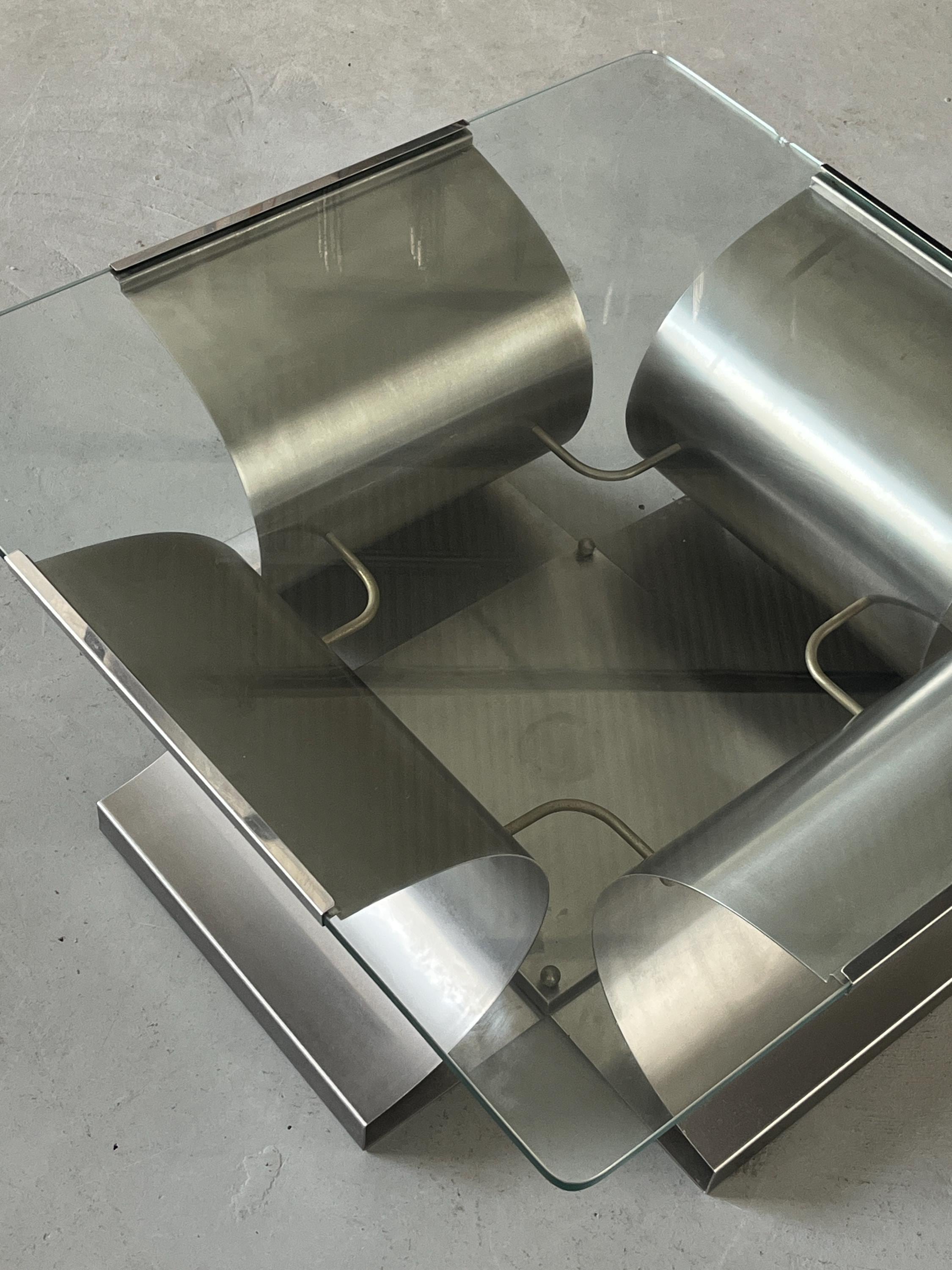 Coffee Table By Francois Monnet for Kappa, Curved Brushed Steel and Glass