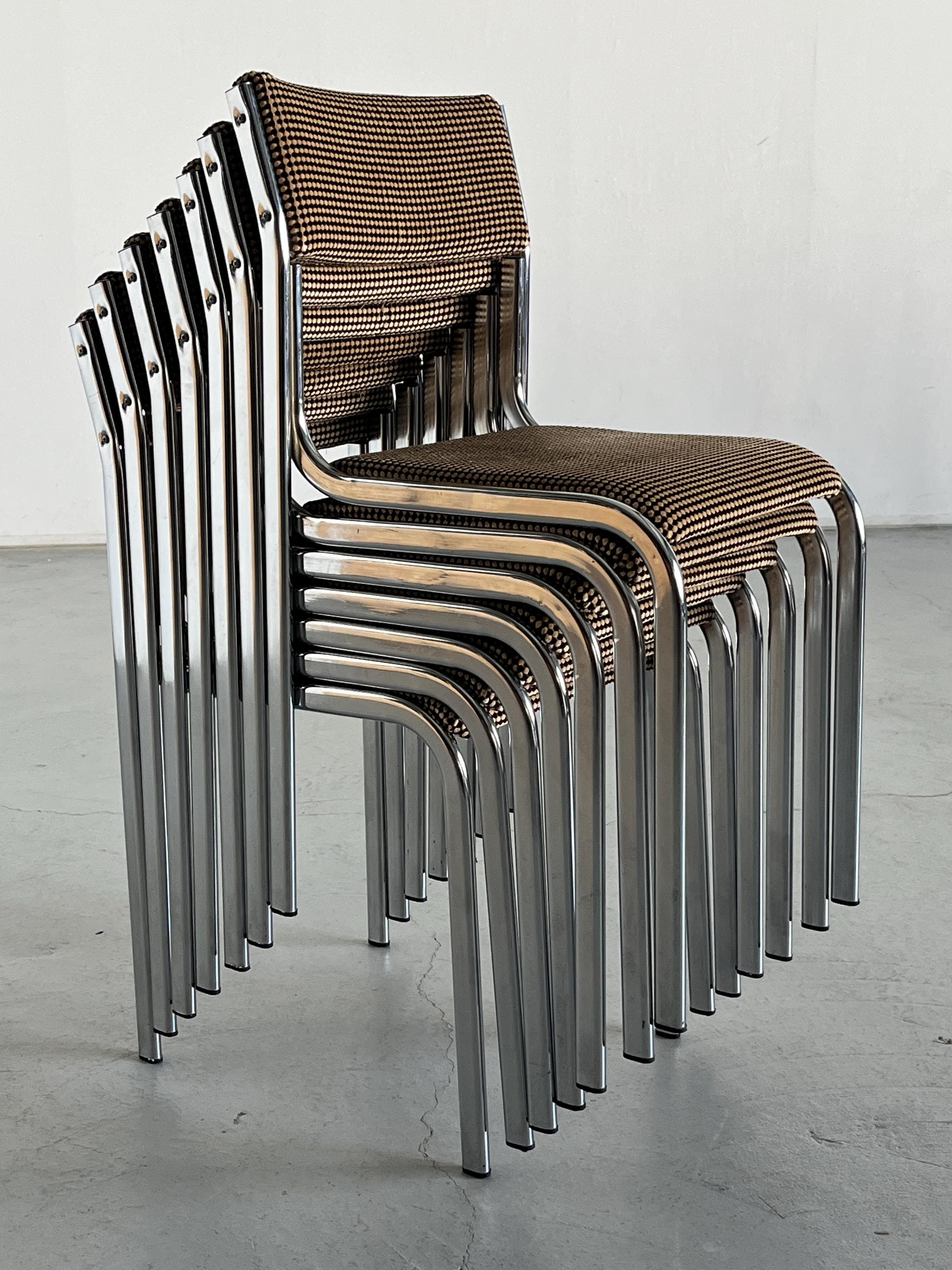Curved Chairs in Dotted Black & Brown Fabric Upholstery