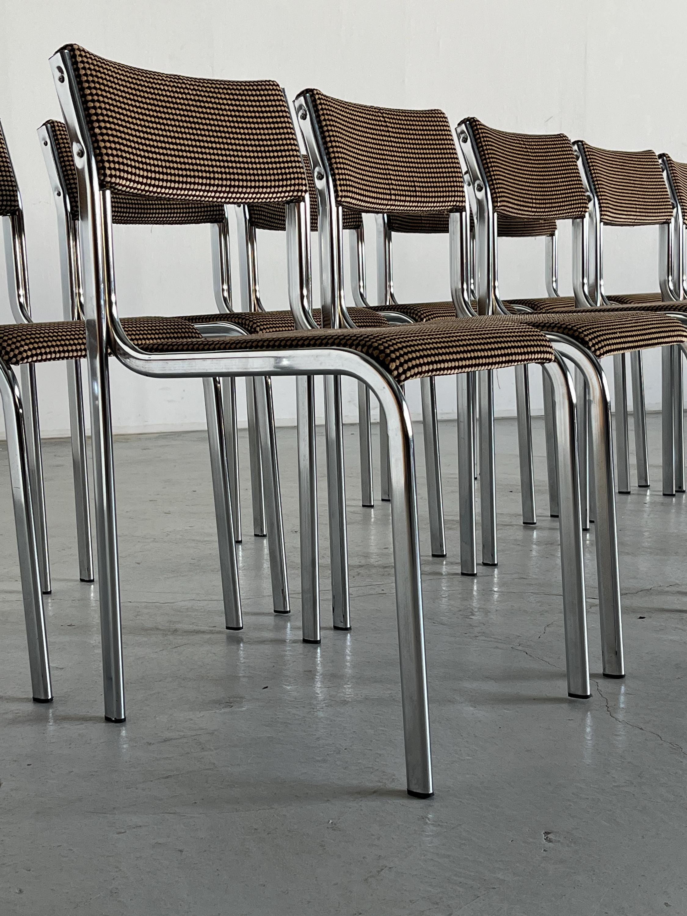 Curved Chairs in Dotted Black & Brown Fabric Upholstery