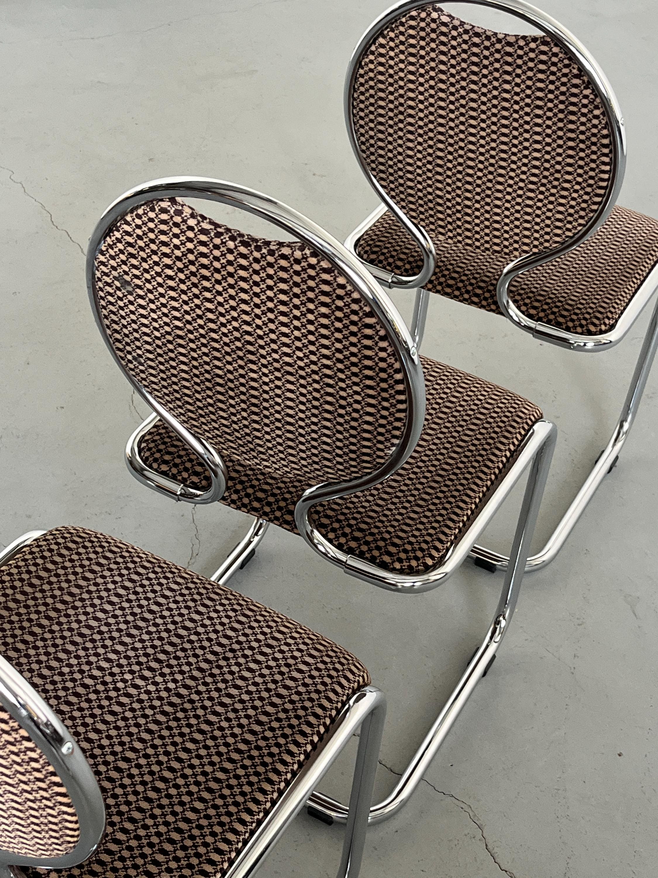 Cantilever Dining Chairs with Circular Backrests in Patterned Upholstery