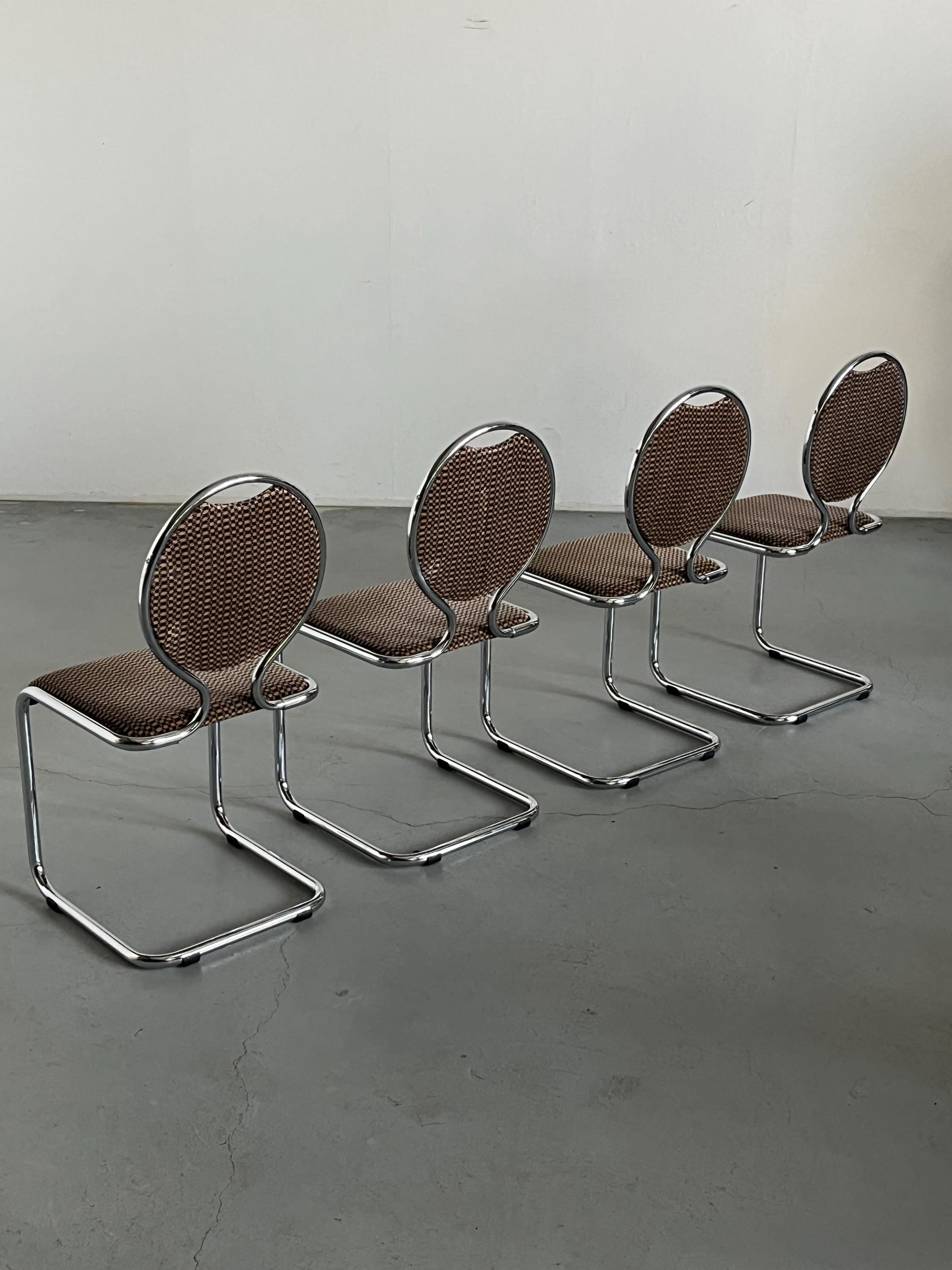 Cantilever Dining Chairs with Circular Backrests in Patterned Upholstery