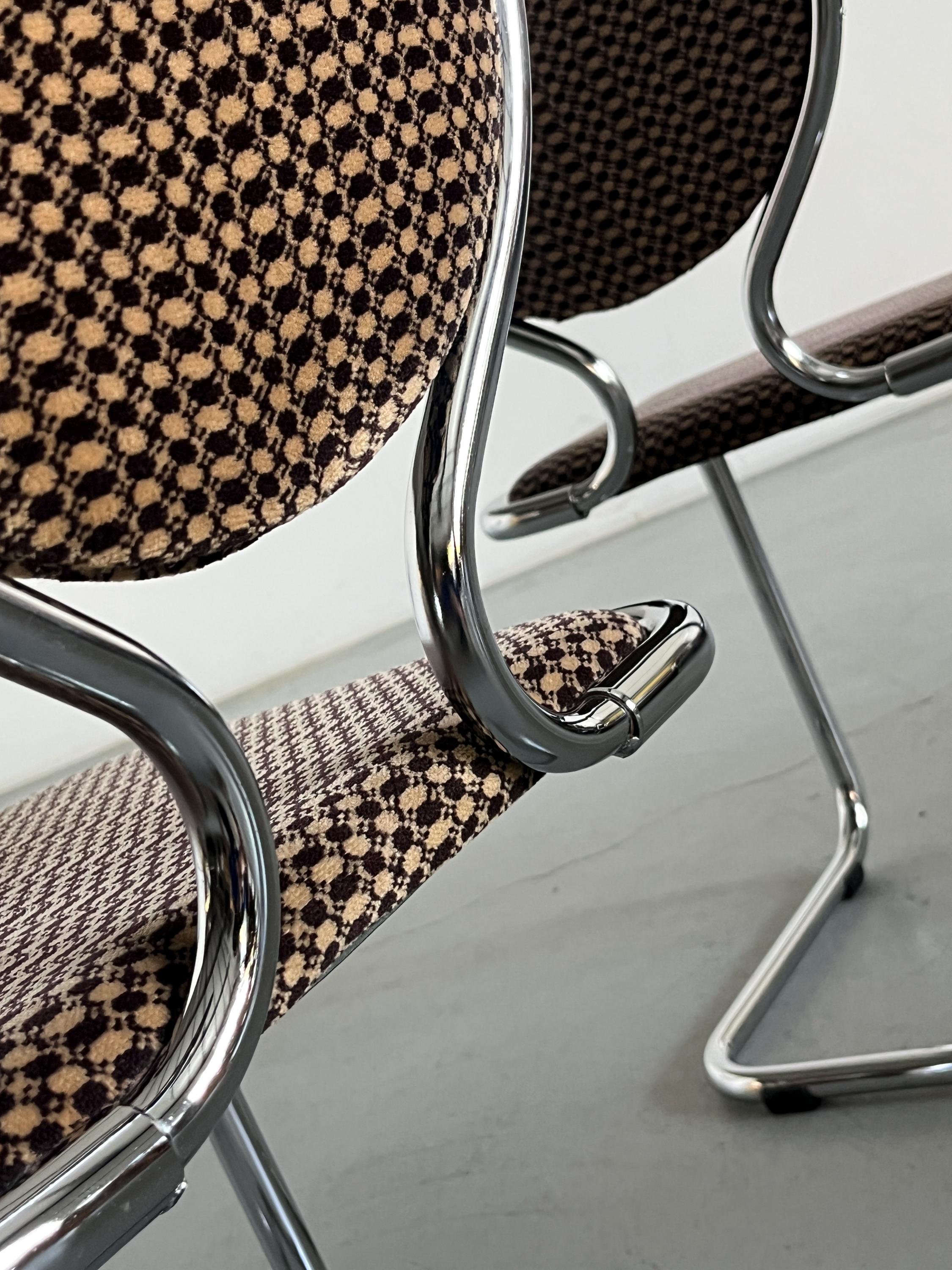 Cantilever Dining Chairs with Circular Backrests in Patterned Upholstery