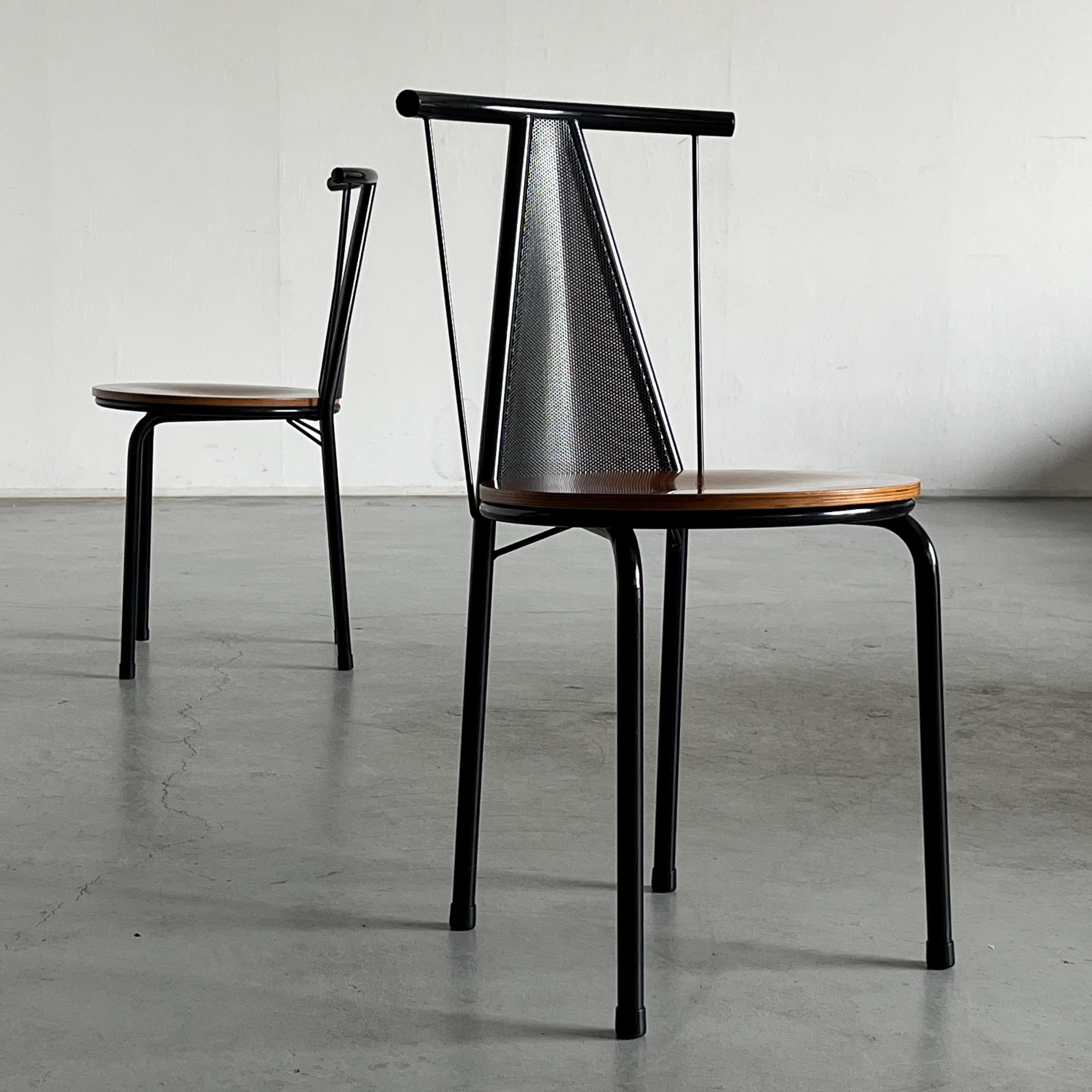Postmodern Sculptural Dining Chairs in Black Metal with Circular Wooden Seats