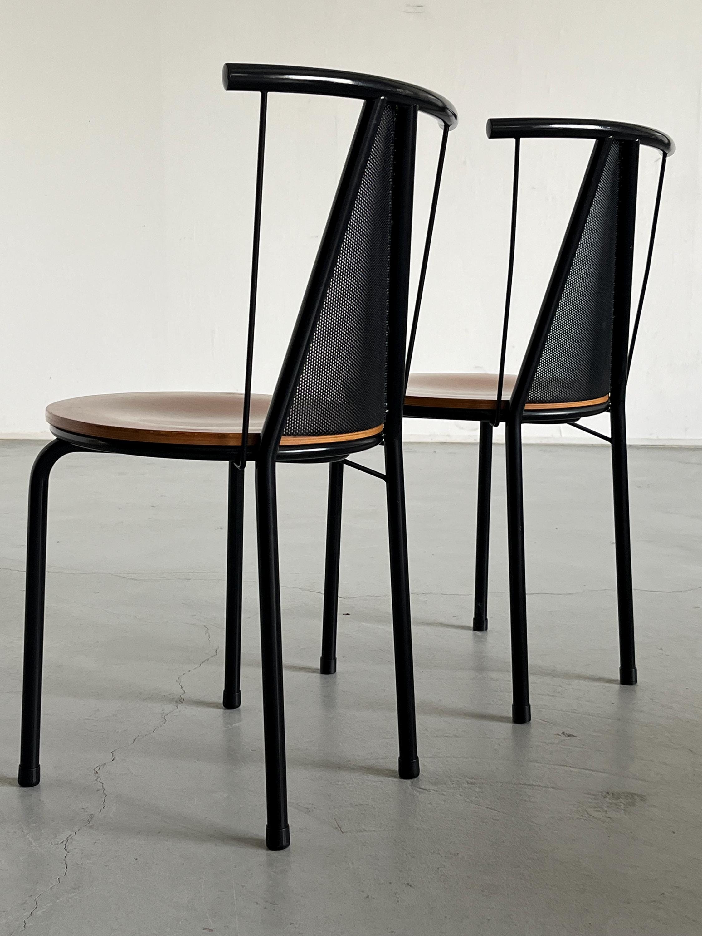 Postmodern Sculptural Dining Chairs in Black Metal with Circular Wooden Seats