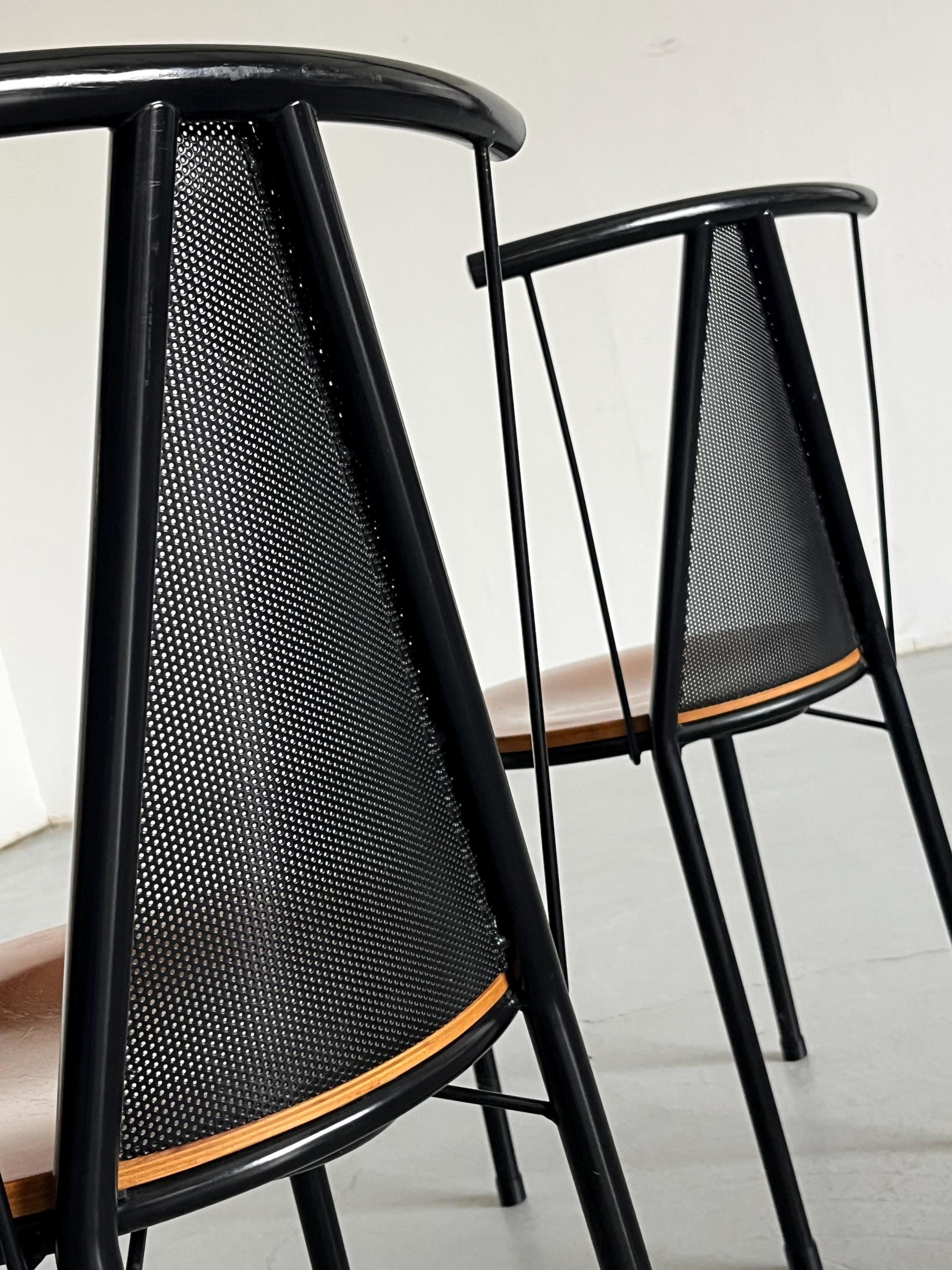 Postmodern Sculptural Dining Chairs in Black Metal with Circular Wooden Seats