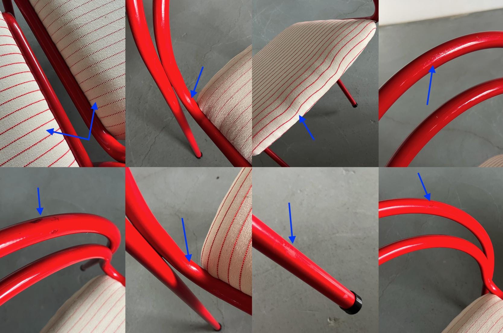 Sculptural Chairs in Red Curved Iron Frame